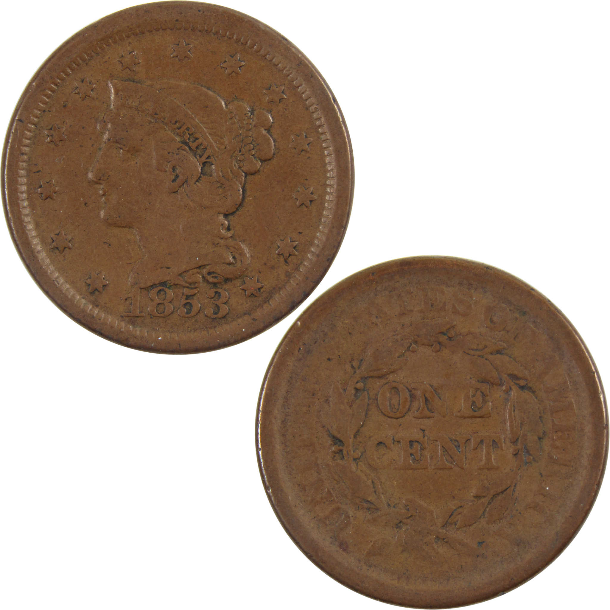 1853 Braided Hair Large Cent F Fine Copper Penny 1c Coin SKU:I8205