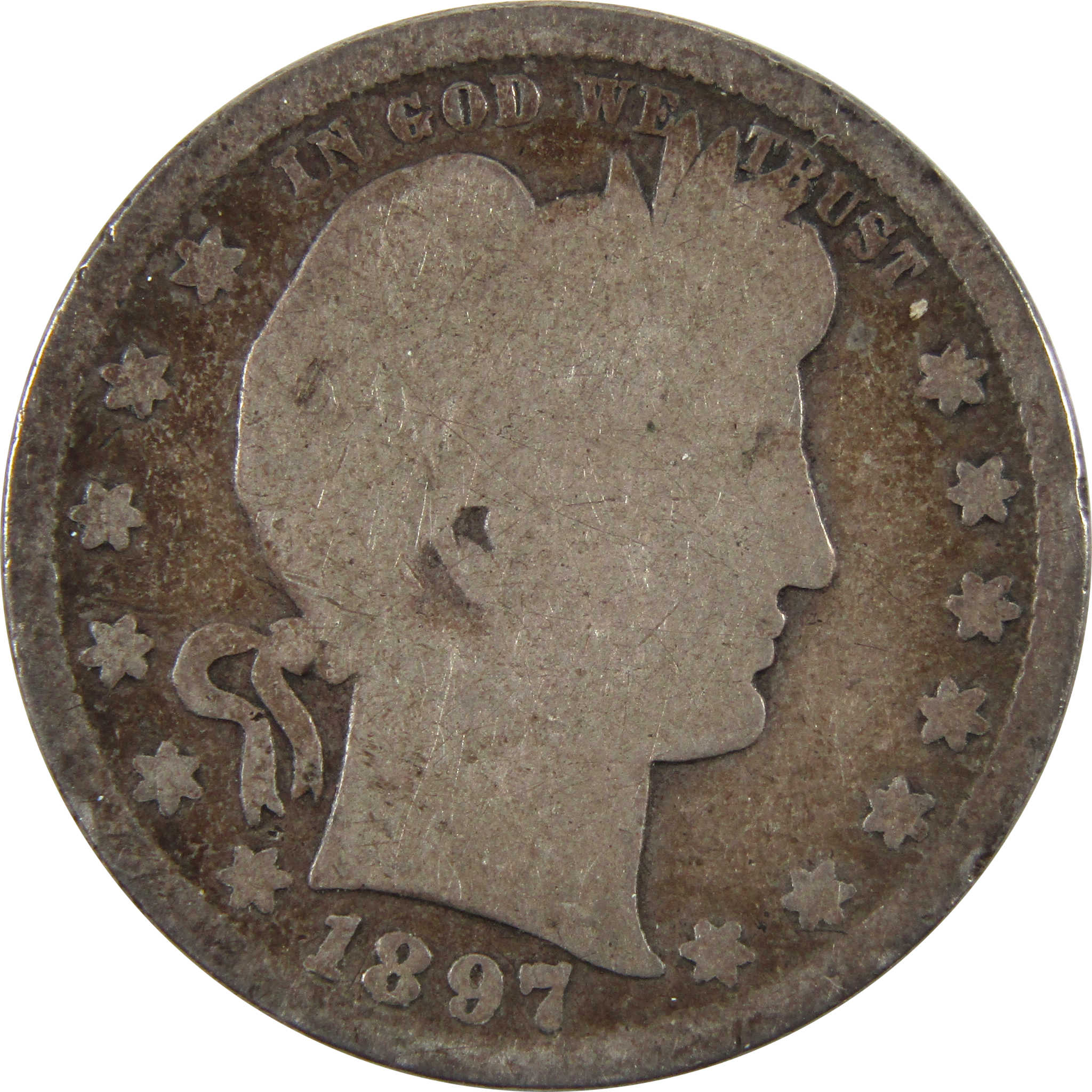 1897 S Barber Quarter G Good 90% Silver 25c Coin SKU:I10275