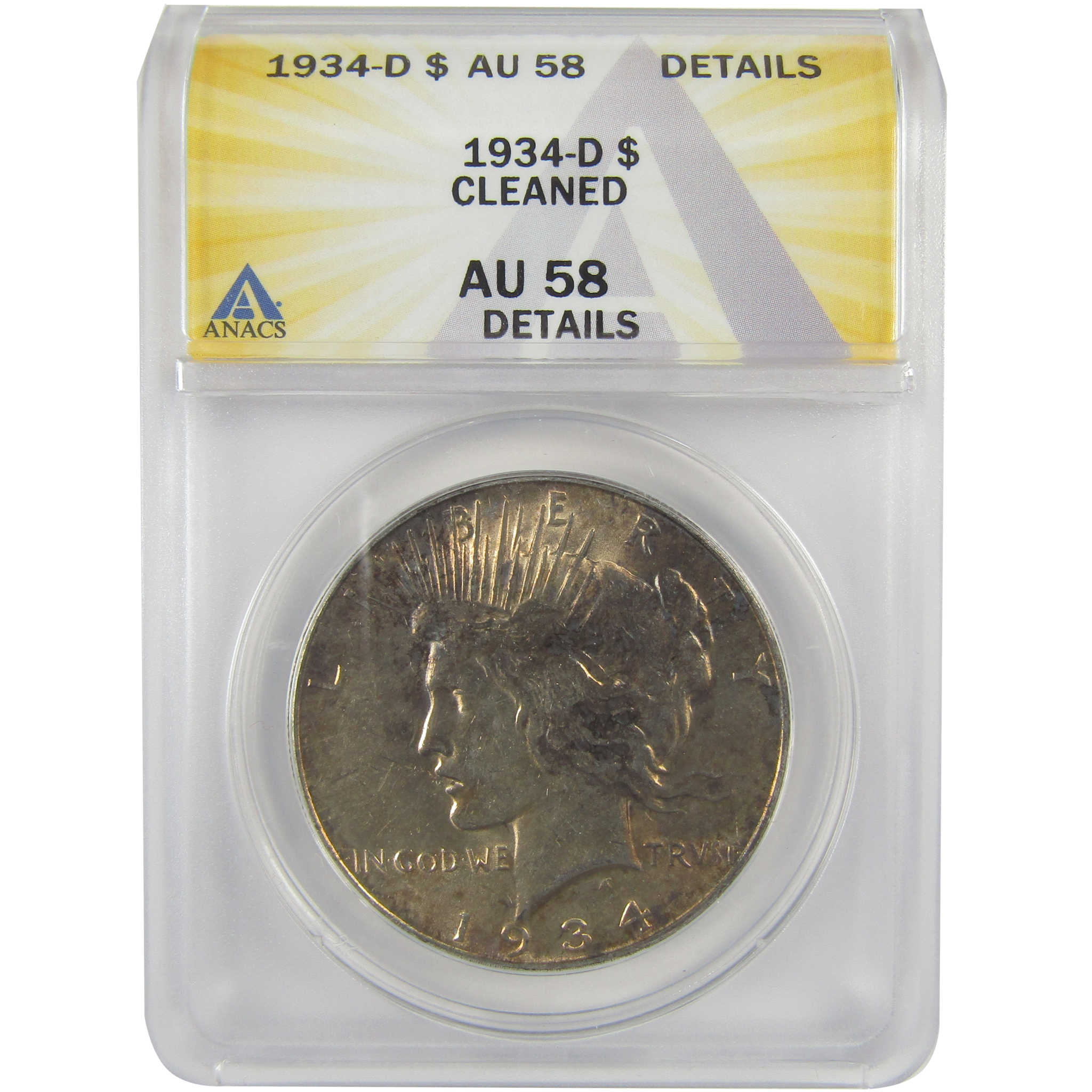 1934 D Peace Dollar AU 58 Details ANACS Silver $1 Coin SKU:I21604