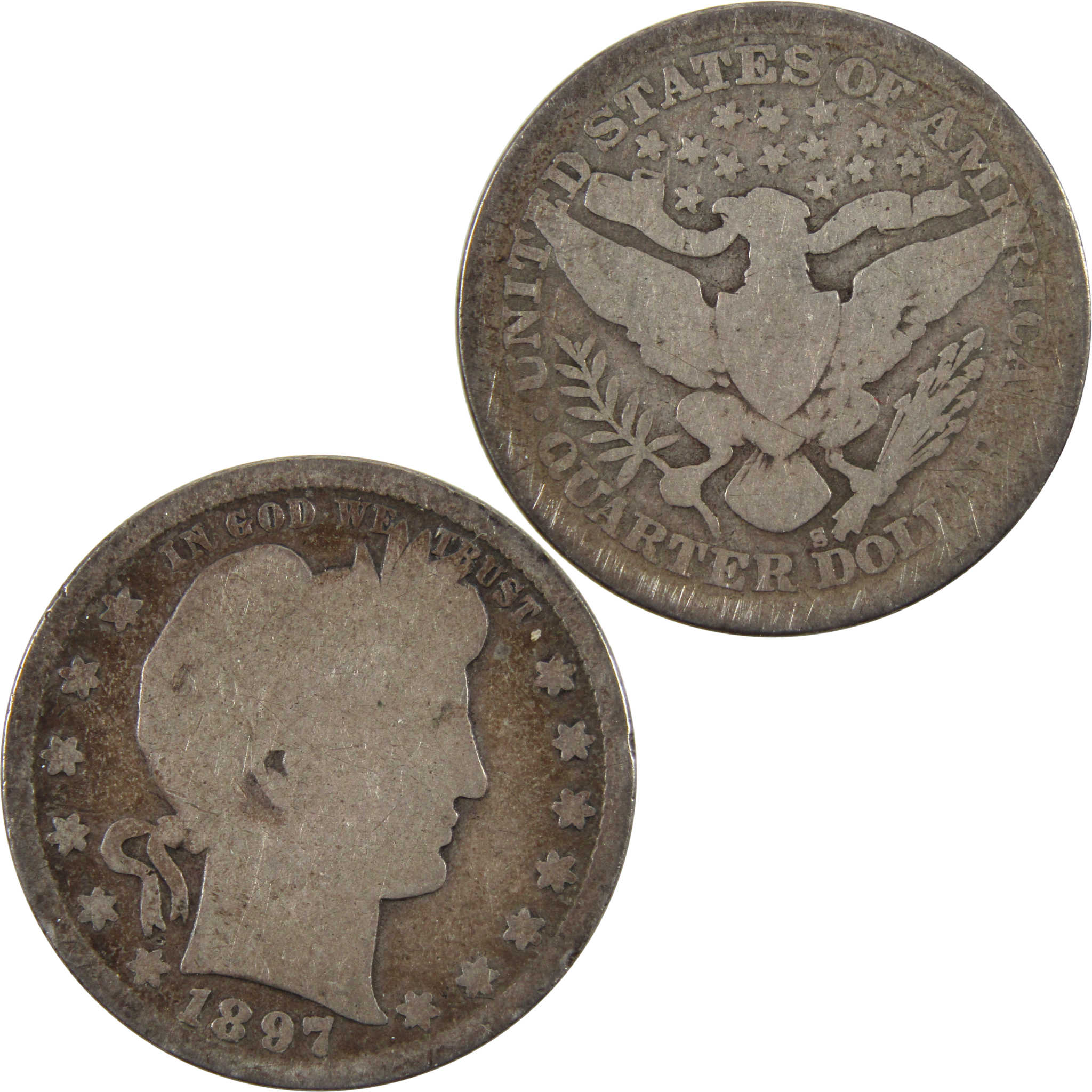 1897 S Barber Quarter G Good 90% Silver 25c Coin SKU:I10275