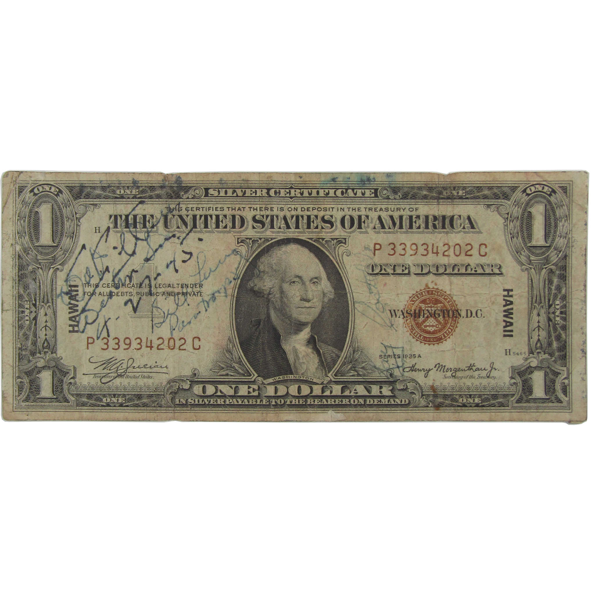 1935 A $1 Silver Certificate Note Hawaii WWII Circulated Short Snorter