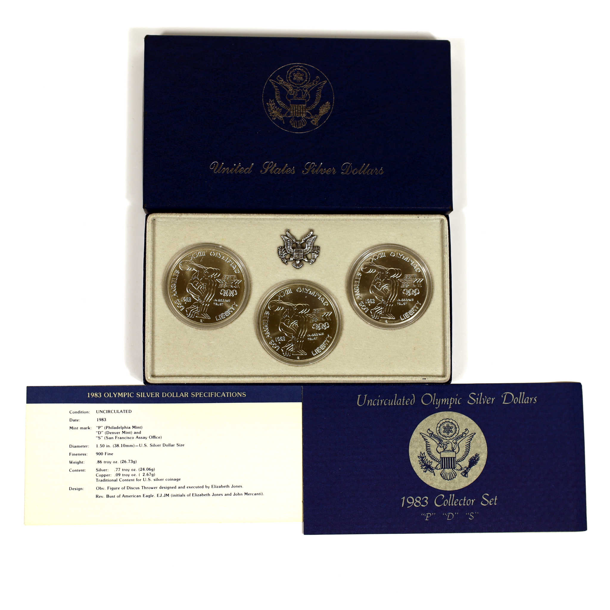 1983 Olympic Silver Dollar 3 Coin Set Uncirculated OGP SKU:I11670
