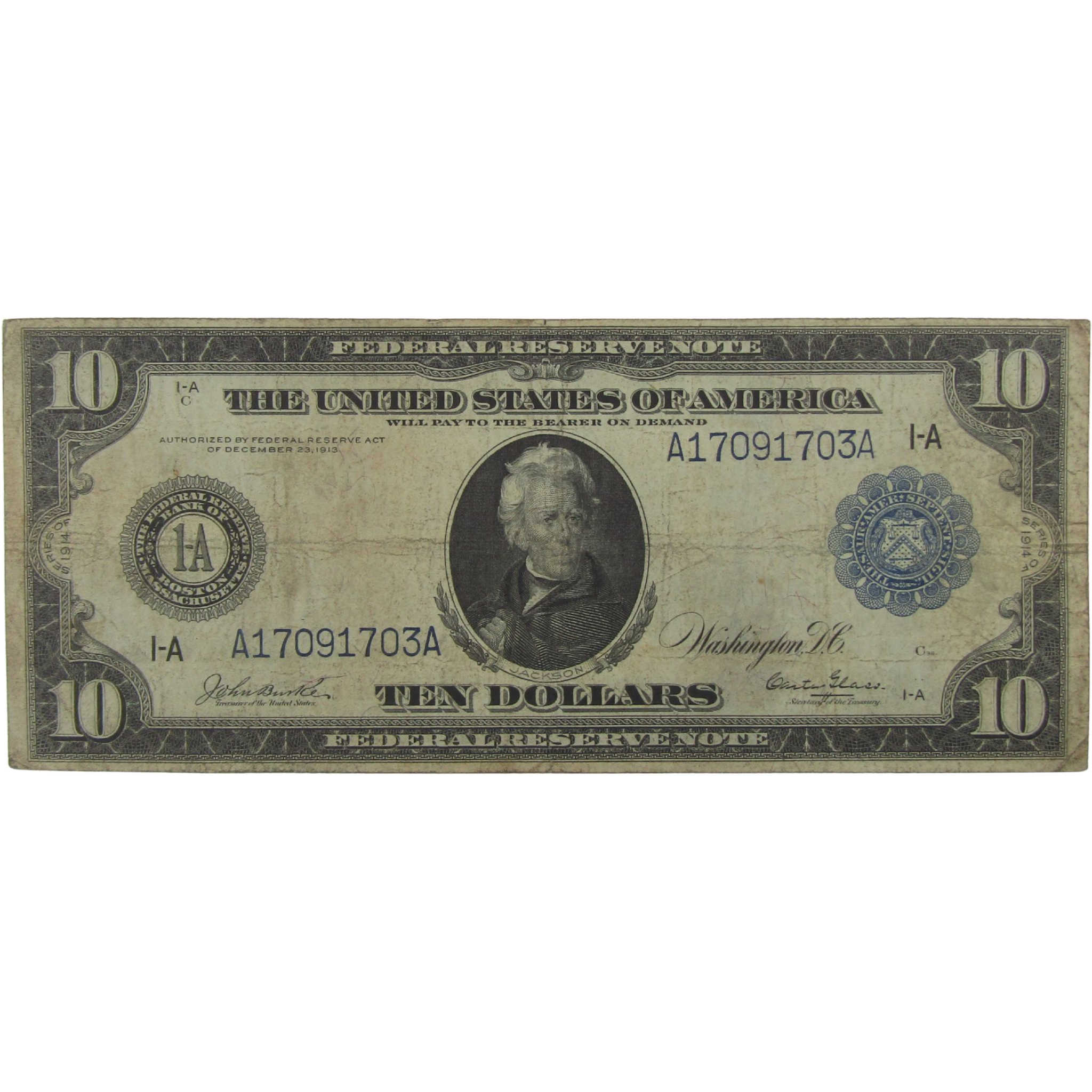 1914 $10 Large Size Federal Reserve Note Fr 905 F Fine Currency