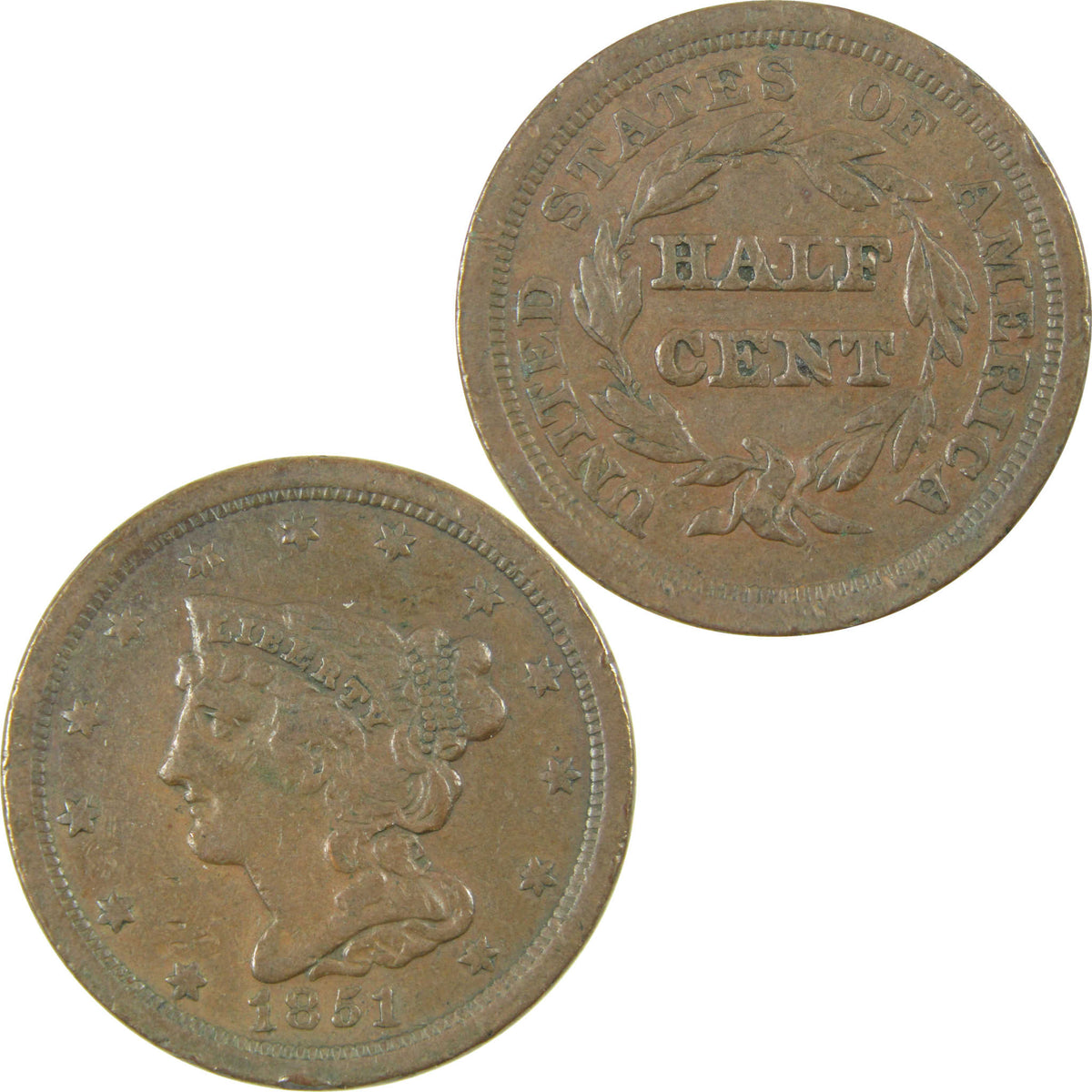 1851 Braided Hair Copper Half Cent VF Very Fine Details SKU:CP1786