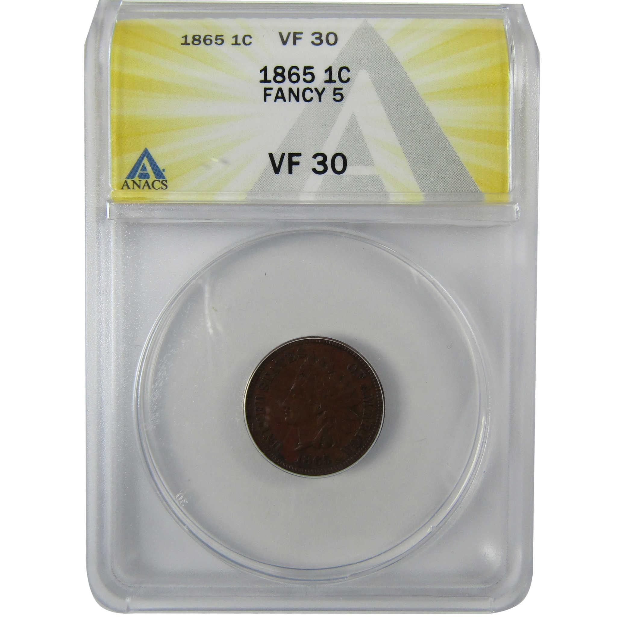 1865 Fancy 5 Indian Head Cent VF 30 ANACS Penny 1c Coin SKU:CP622