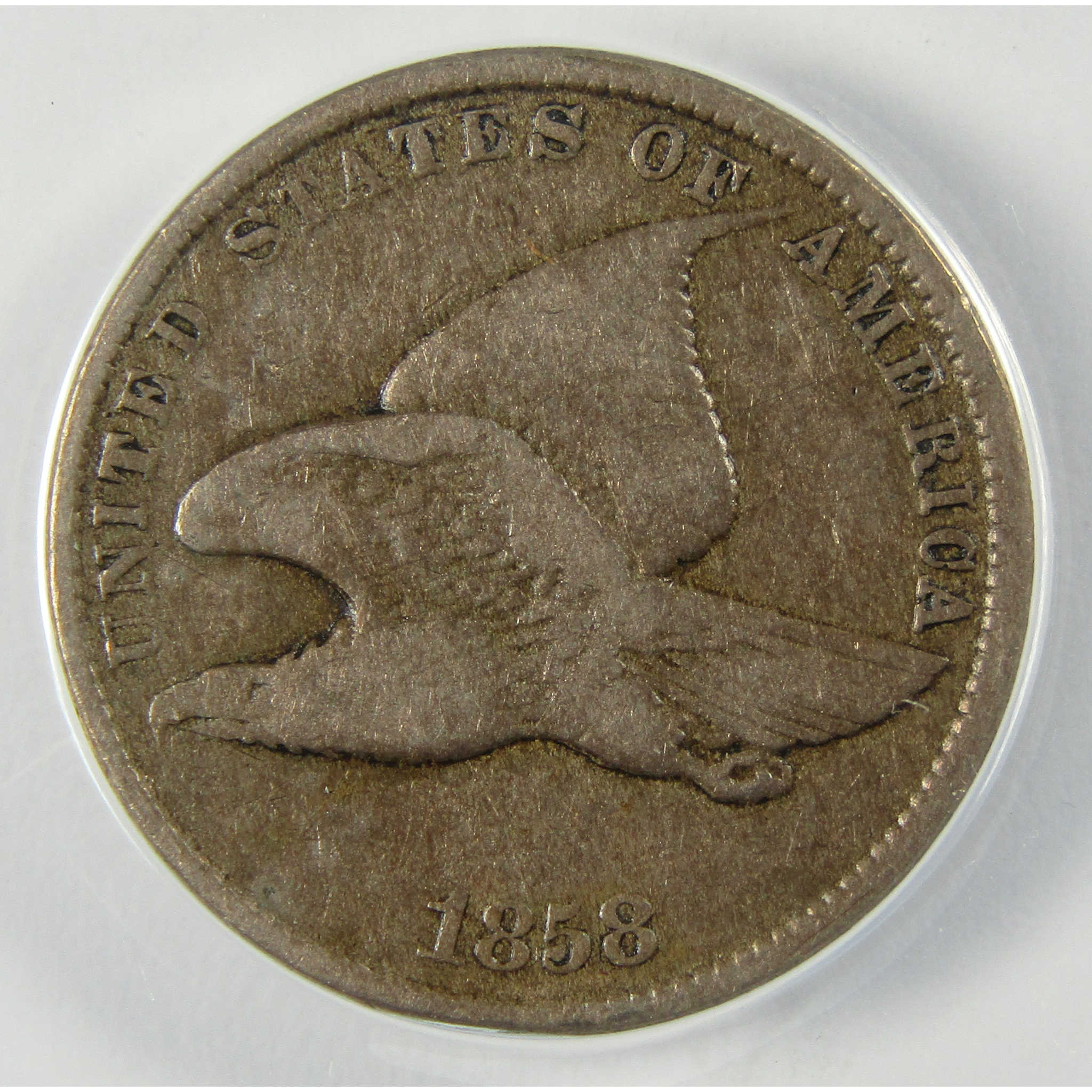 1858 Small Letters Flying Eagle Cent F 12 ANACS Penny SKU:I25567