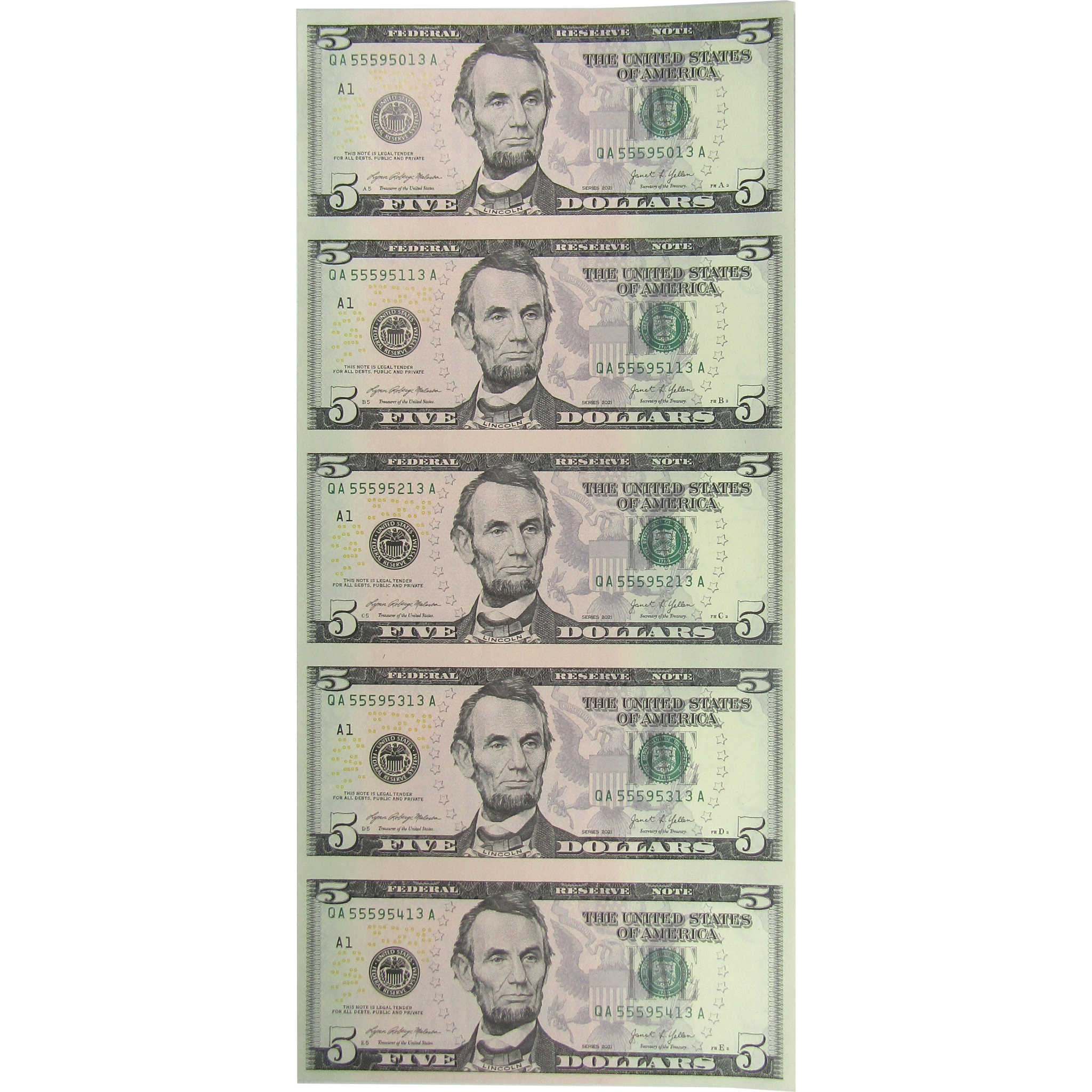 2021 $5 Federal Reserve 5 Note Uncut Sheet CCU OGP COA SKU:OPC197