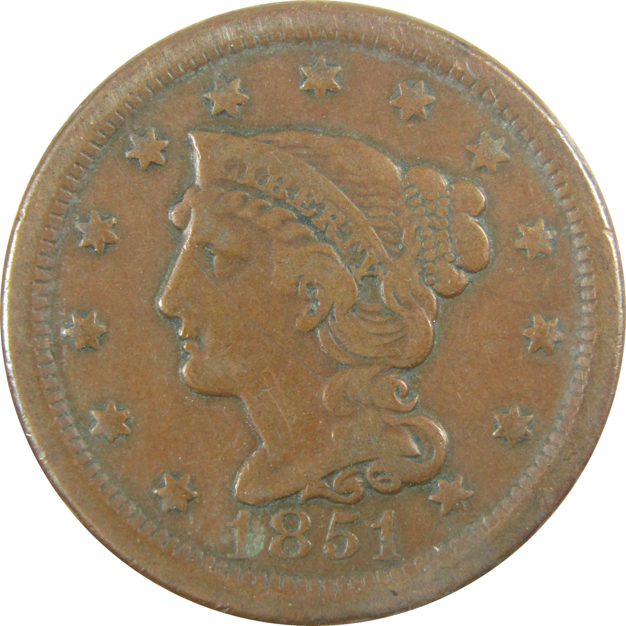 1851 Braided Hair Copper Large Cent F Fine Details Penny SKU:I28214