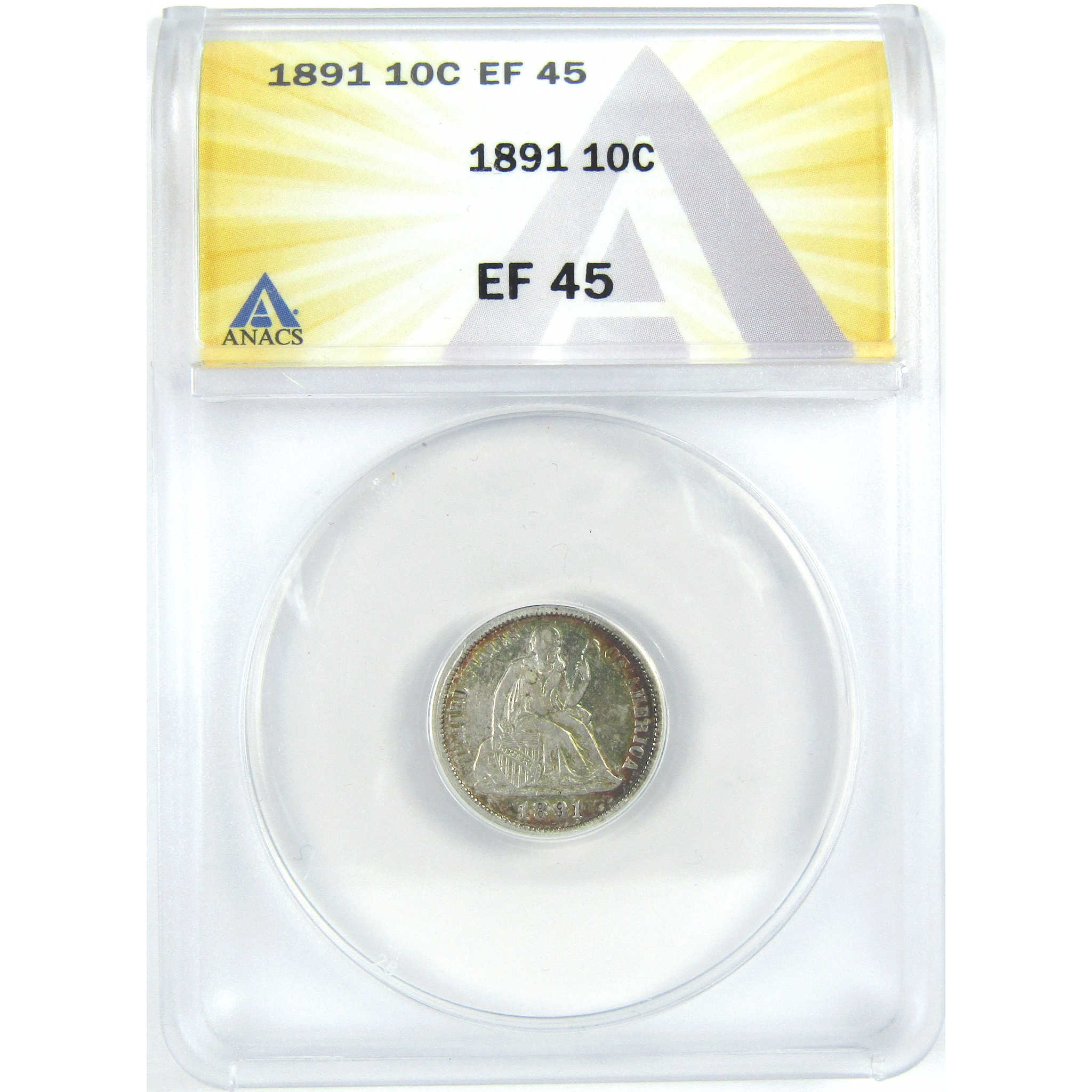 1891 Seated Liberty Dime EF 45 ANACS Silver 10c Coin SKU:I16301