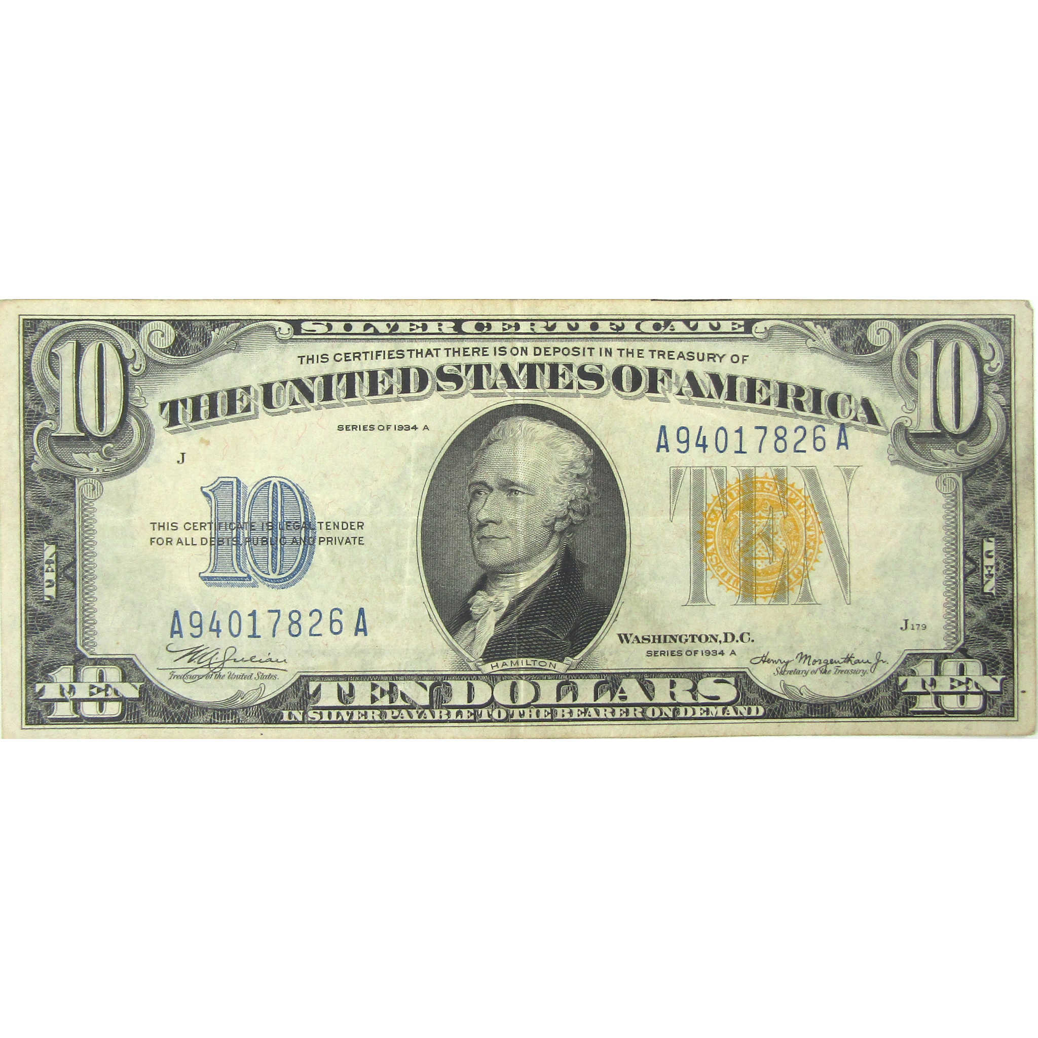 1934 A $10 Silver Certificate North Africa WWII Emergency Issue VF