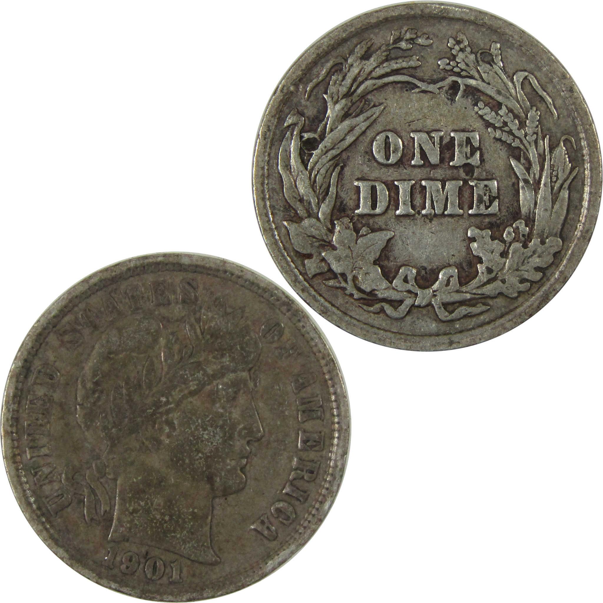 1901 Barber Silver Dime F Fine Details 10c Coin Collectible SKU:CP1034