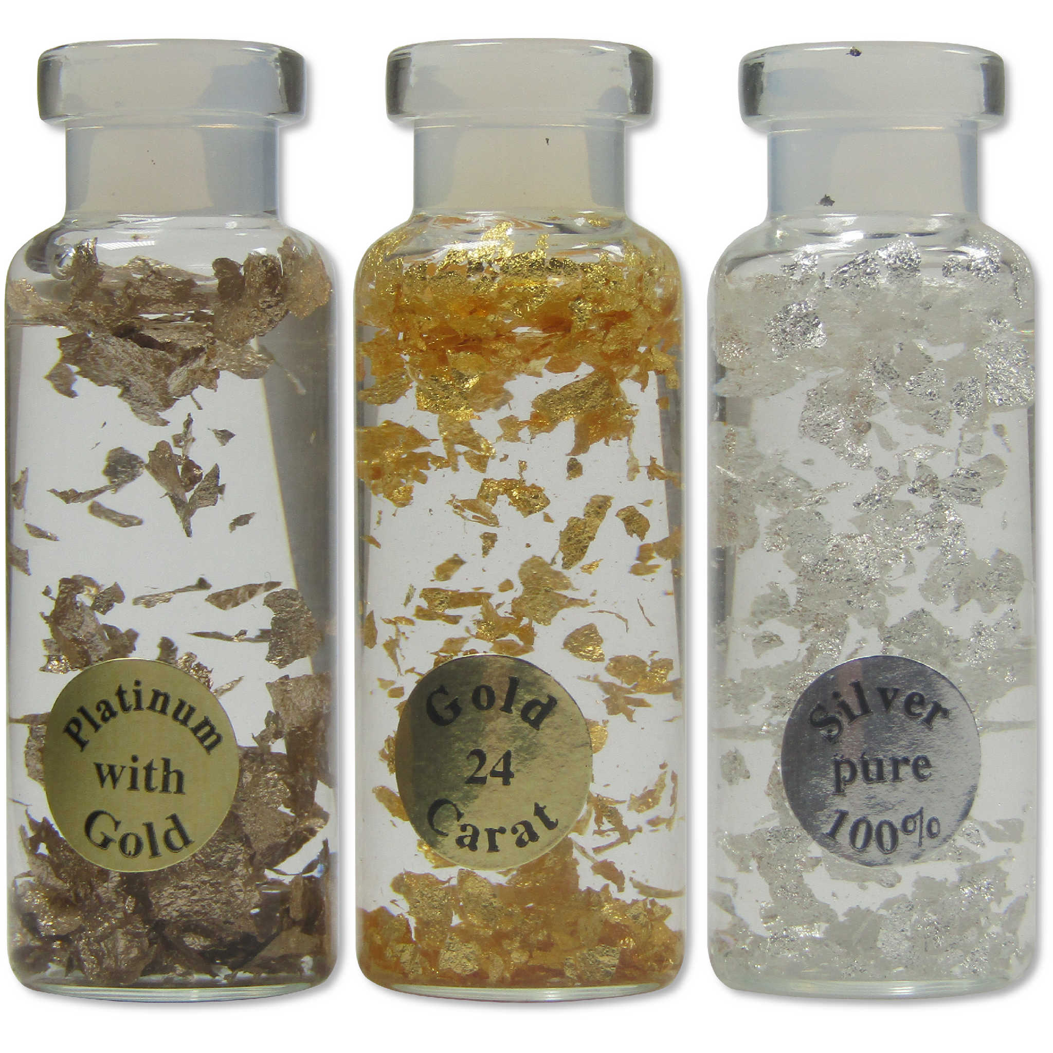Platinum Gold and Silver Precious Metals Glass Vial Set