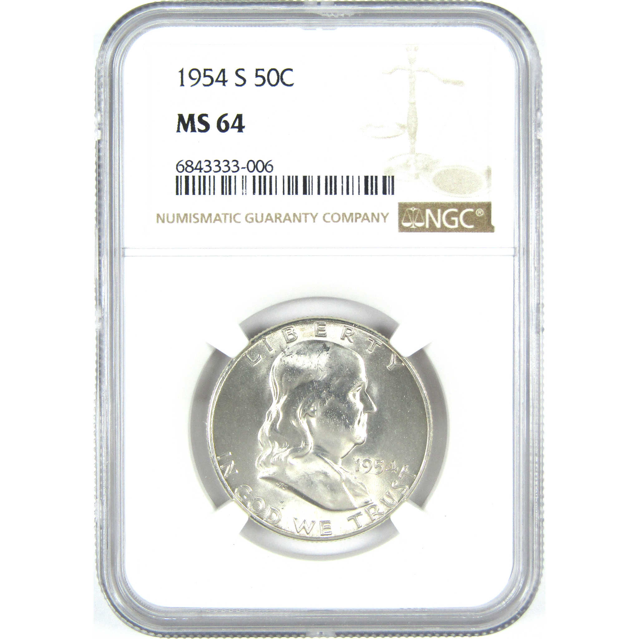 1954 S Franklin Half Dollar MS 64 NGC Silver 50c Unc Coin SKU:I15219