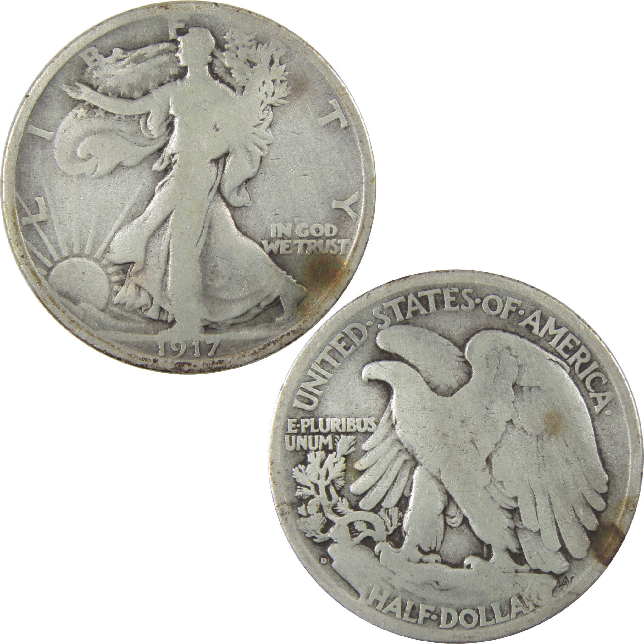 1917 D Reverse Liberty Walking Silver 50c Very Good Details SKU:I24133