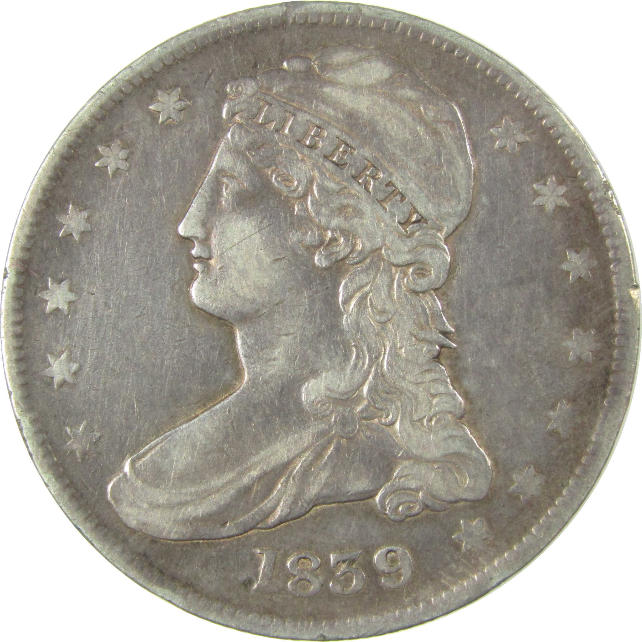 1839 Large Letters Capped Bust Silver 50c F Fine Details SKU:CP1496