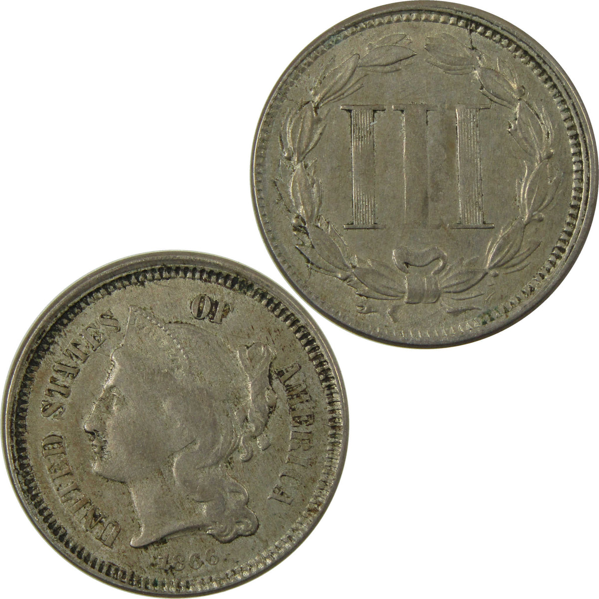 1866 Nickel Three Cent Piece XF EF Extremely Fine 3c Coin SKU:I28510