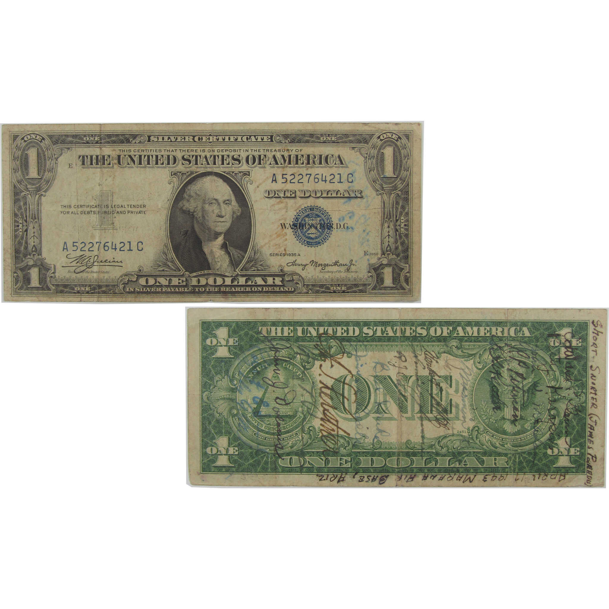 1935 A $1 Small Size Silver Certificate Note Circulated Short Snorter