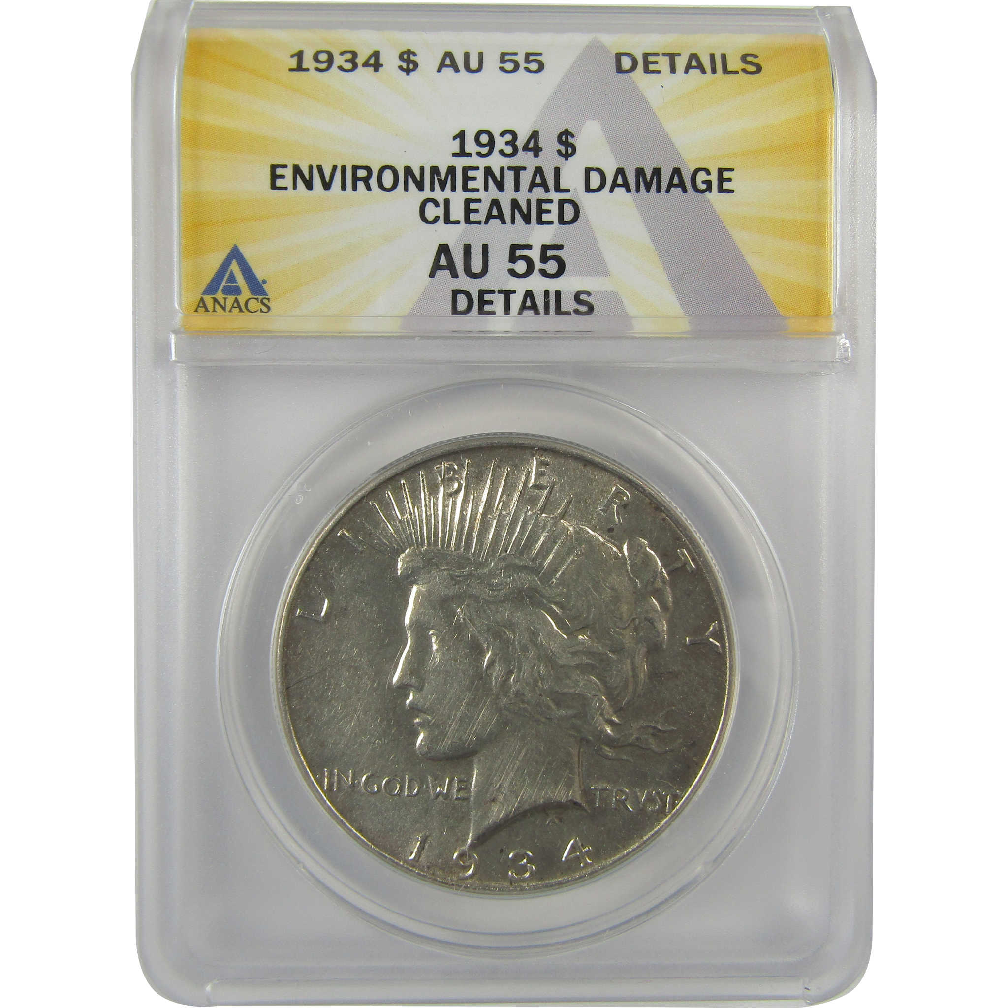 1934 Peace Dollar AU 55 Details ANACS Silver $1 Coin SKU:I21536