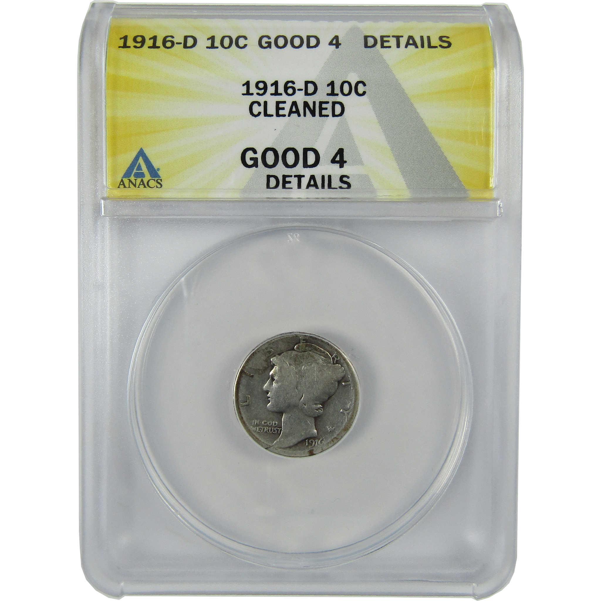 1916 D Mercury Silver Dime G 4 Details ANACS 10c Coin SKU:CP764