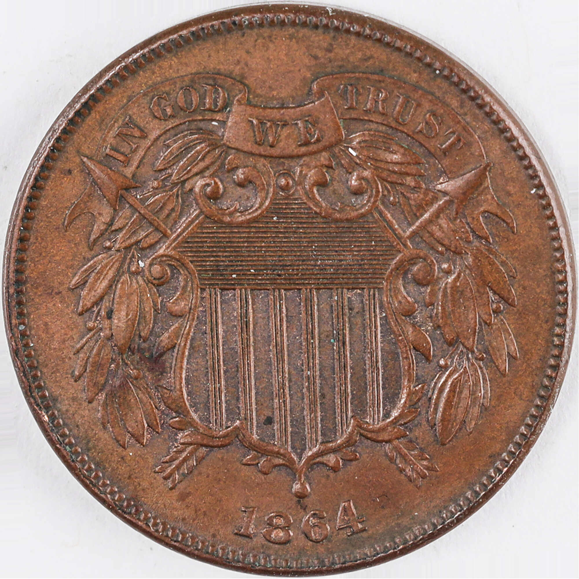 1864 Large Motto Two Cent Piece AU About Uncirculated 2c SKU:I12399