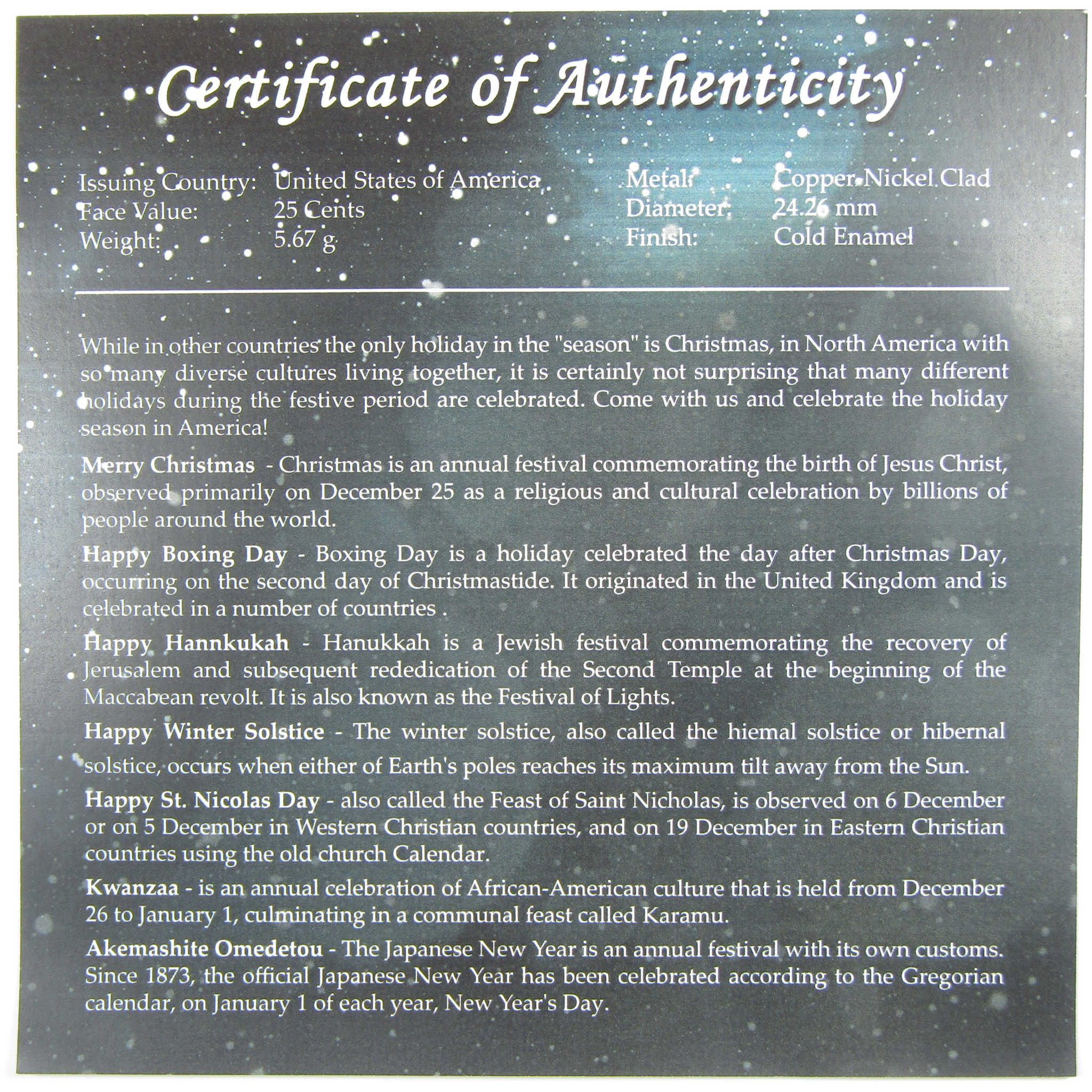 Happy Holidays 7 Coin Colorized Quarter Collection with Display Case