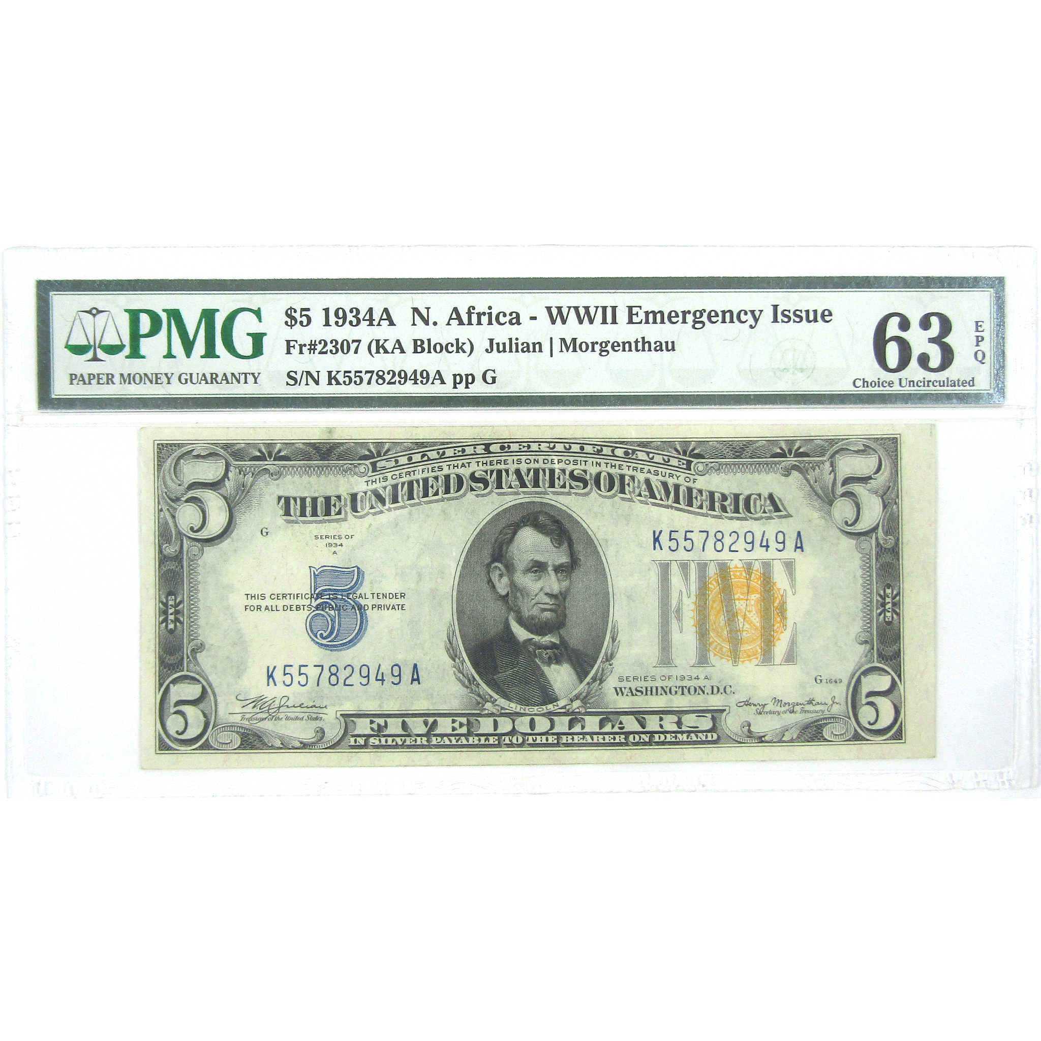 1934A $5 Silver Certificate North Africa WWII FR2307 63 EPQ PMG