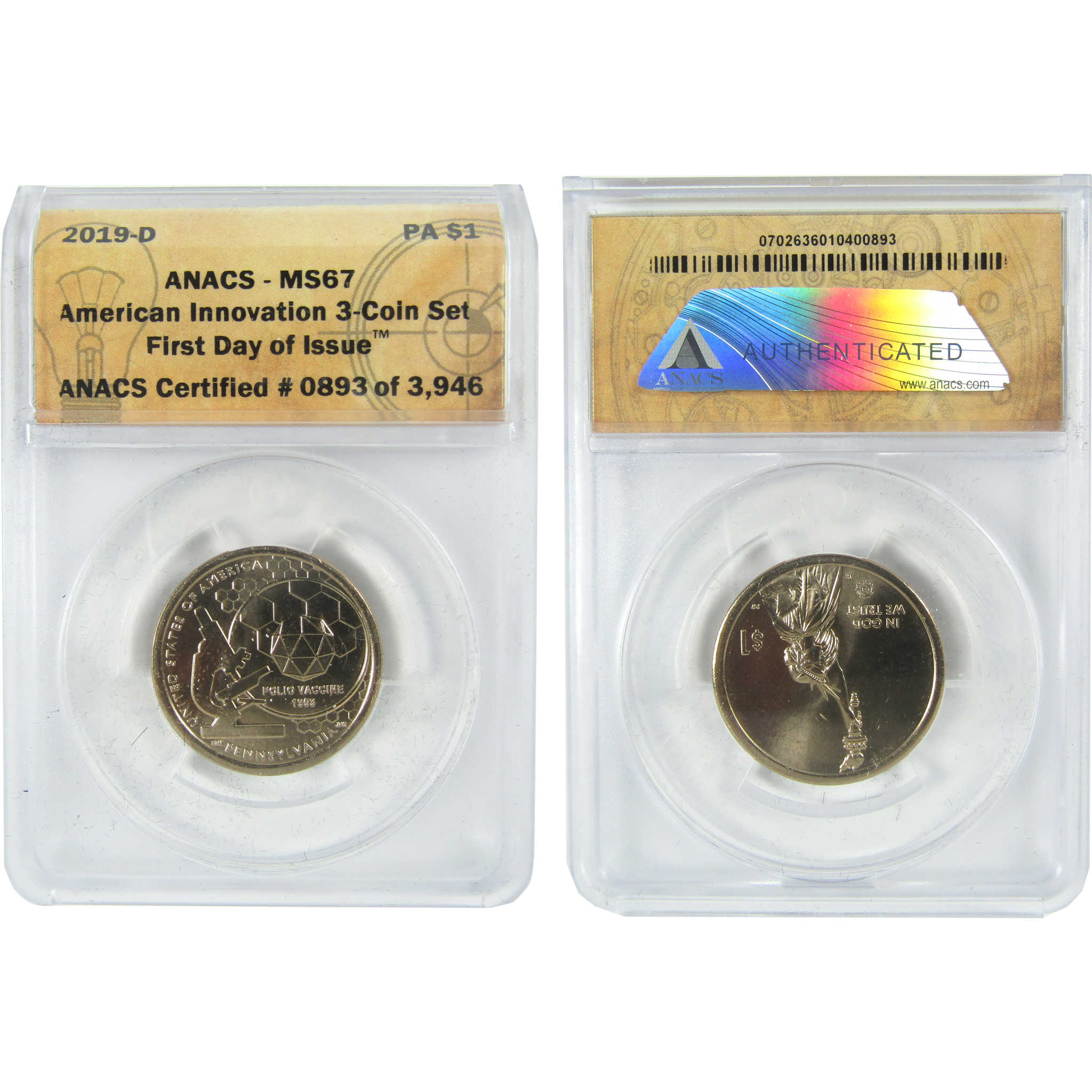 2019 PDS Polio Vaccine Innovation Dollar 3 Coin Set ANACS SKU:CPC9367