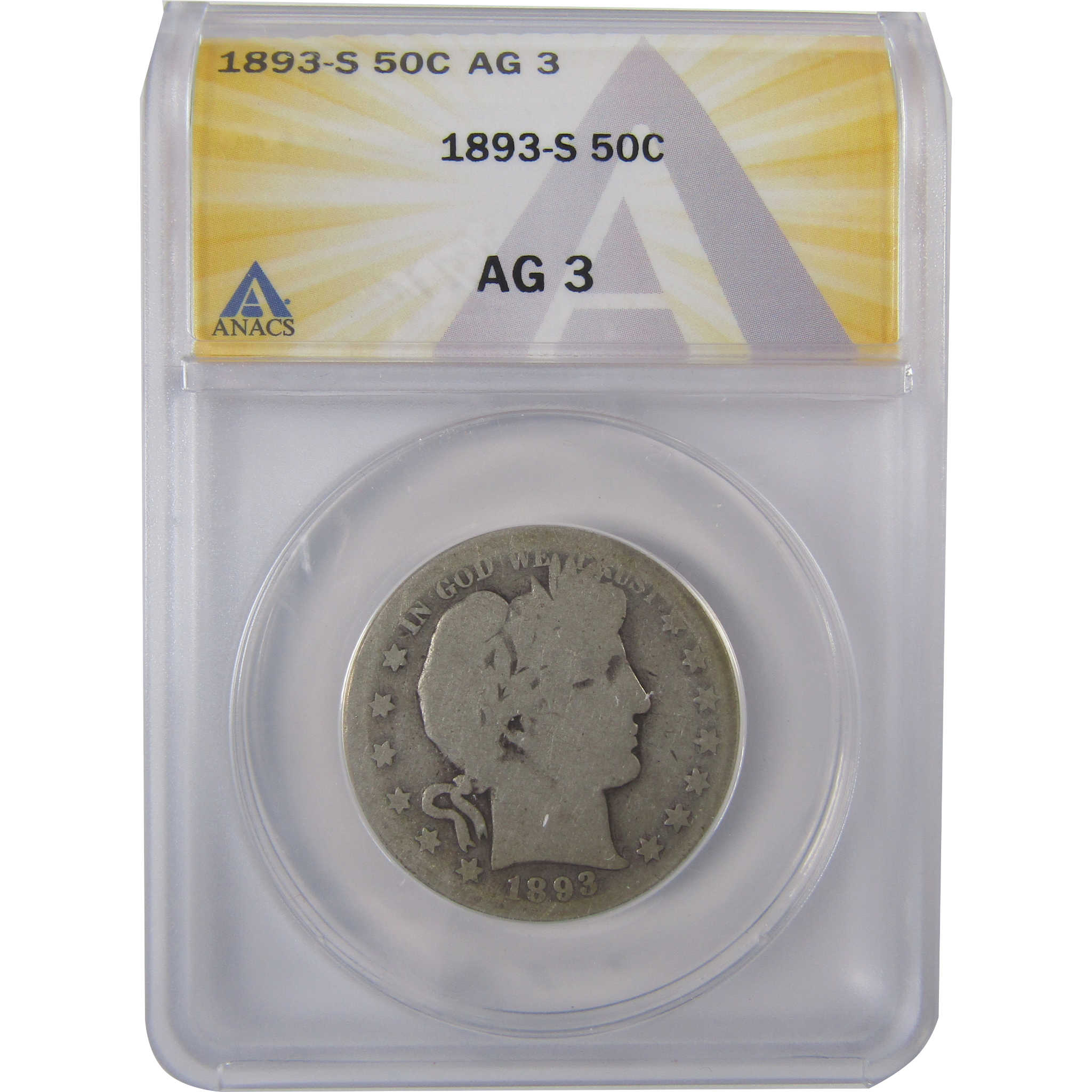 1893 S Barber Half Dollar AG 3 ANACS Silver 50c Coin SKU:I17454