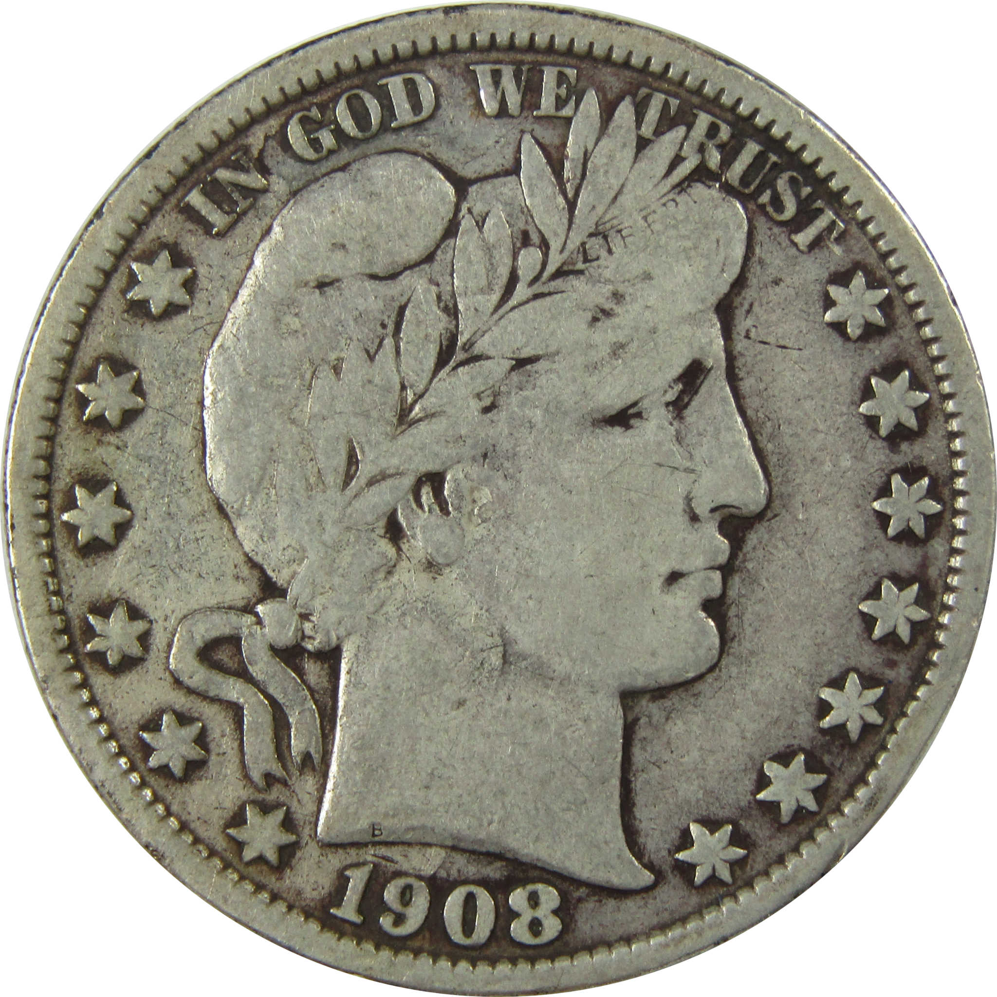 1908 Barber Silver Half Dollar F Fine 50c Coin SKU:I25956