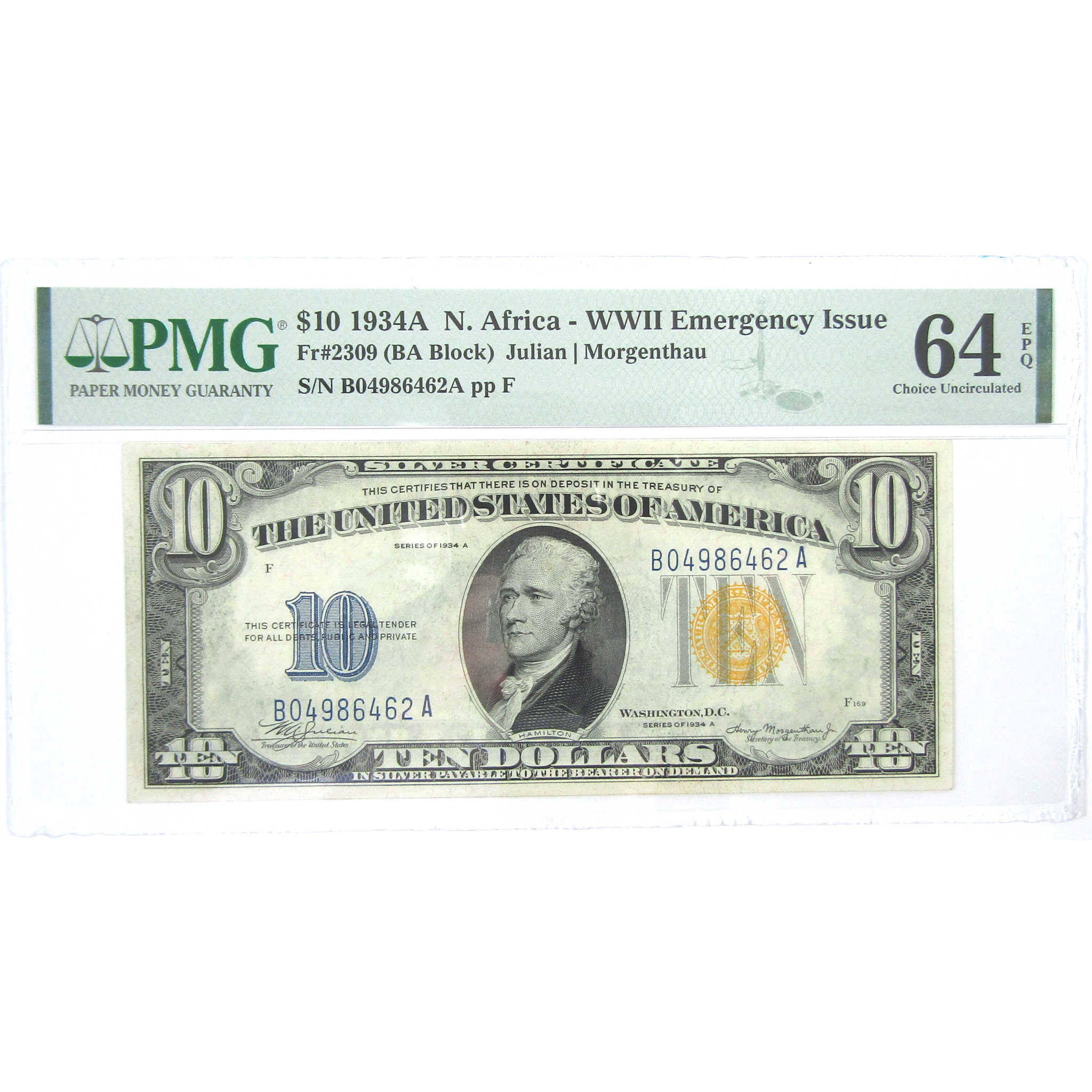 1934A $10 Silver Certificate North Africa WWII FR2309 64 EPQ PMG