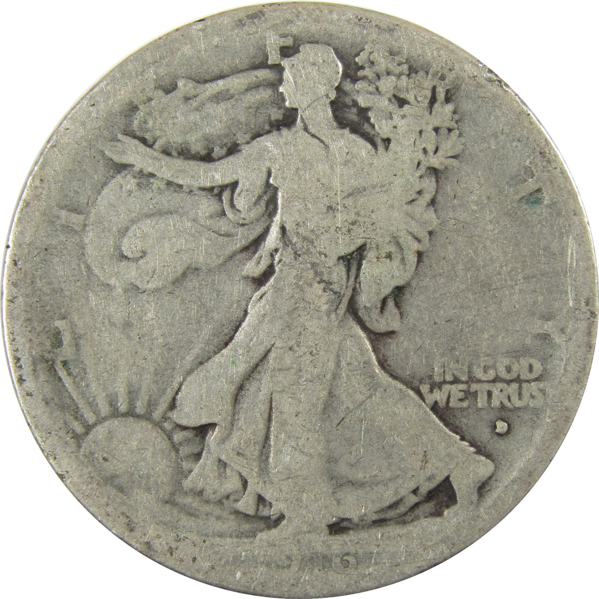 1916 D Liberty Walking Silver Half Dollar AG About Good SKU:I29033