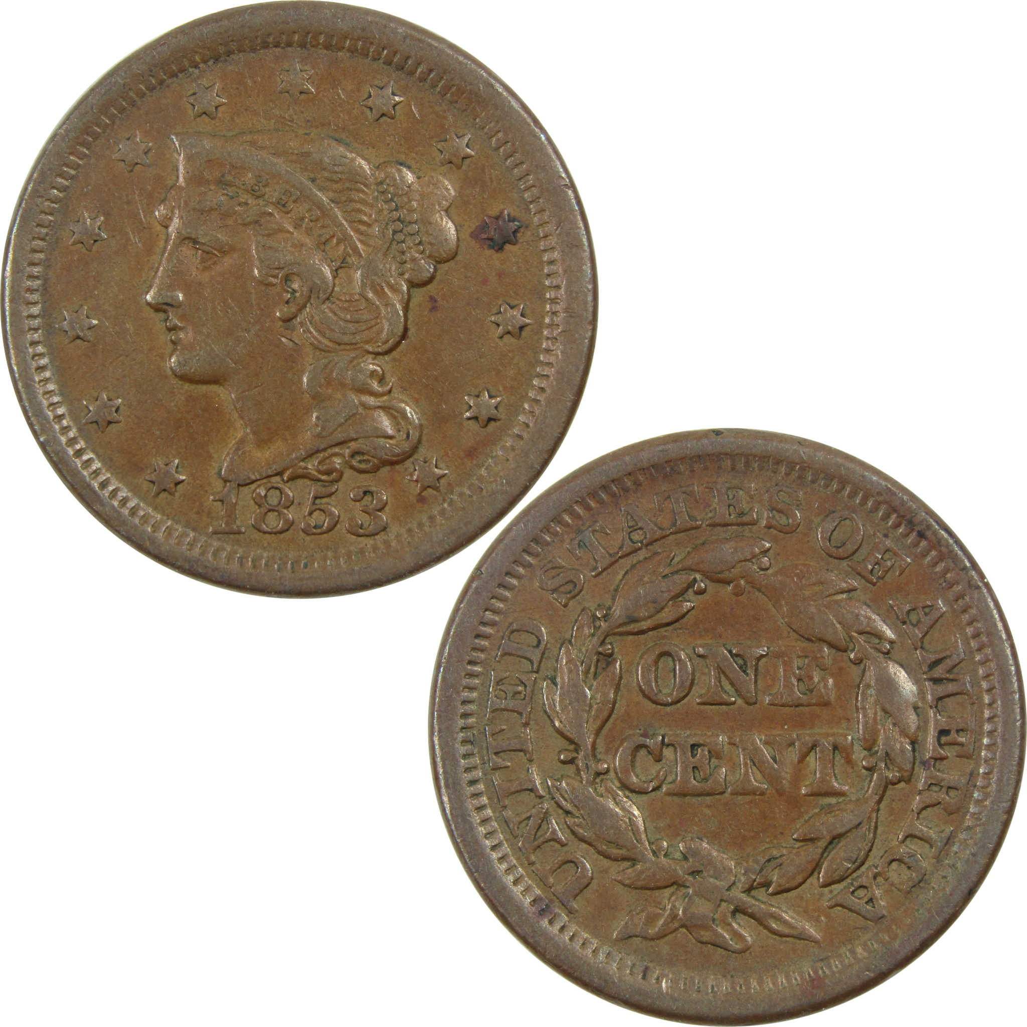 1853 Braided Hair Large Cent XF EF Extremely Fine Copper SKU:I13412