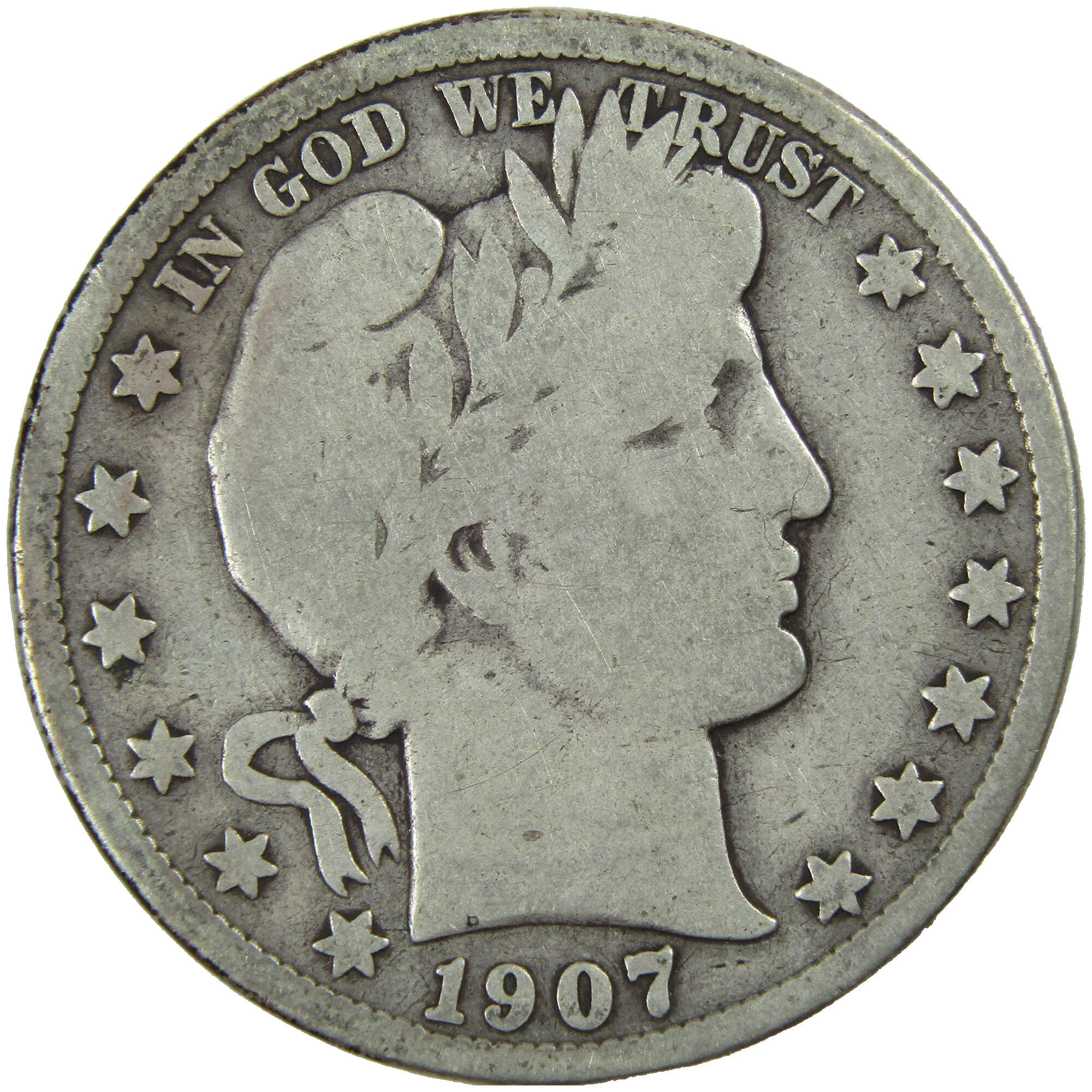 1907 D Barber Half Dollar G Good Silver 50c Coin SKU:I12786