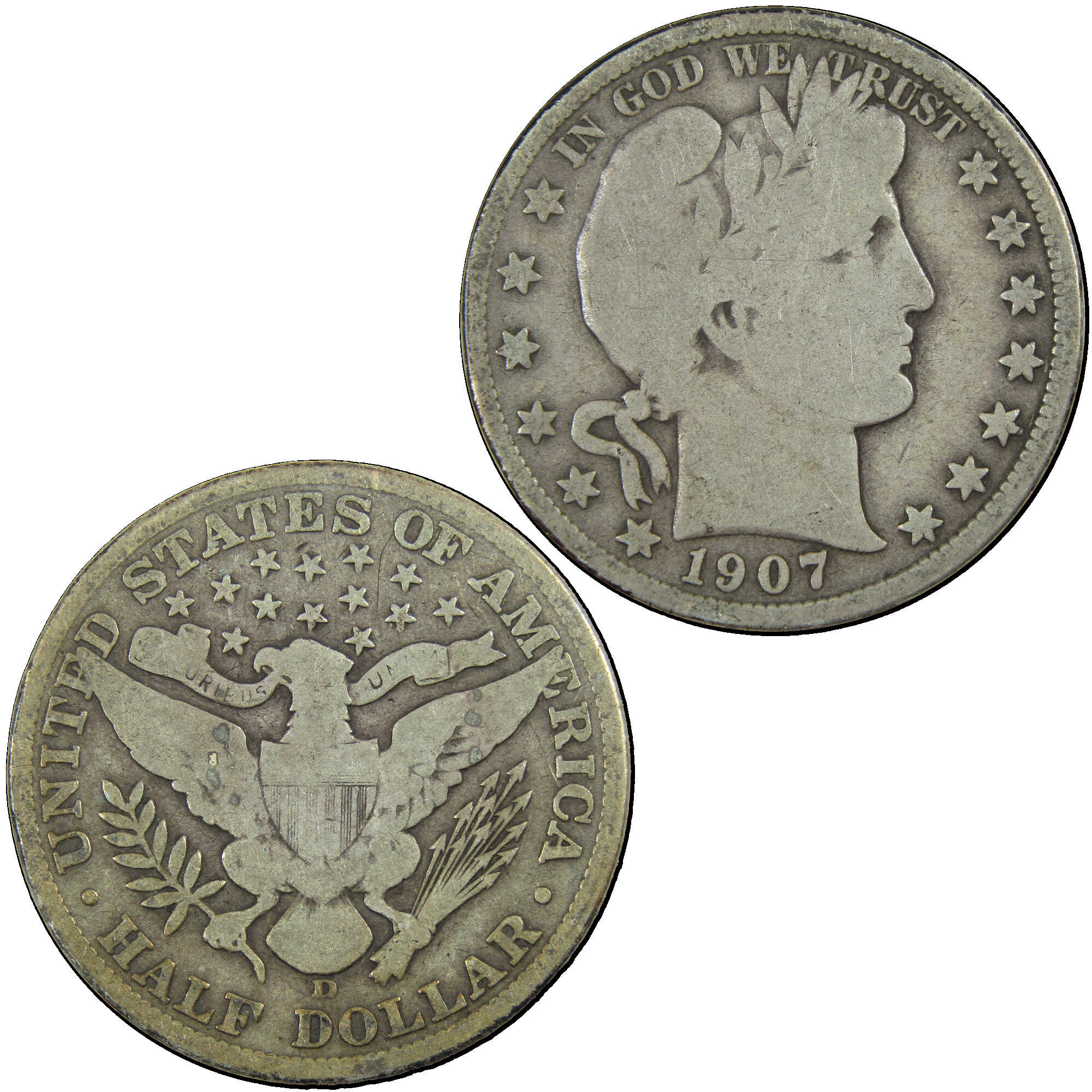 1907 D Barber Half Dollar G Good Silver 50c Coin SKU:I12776