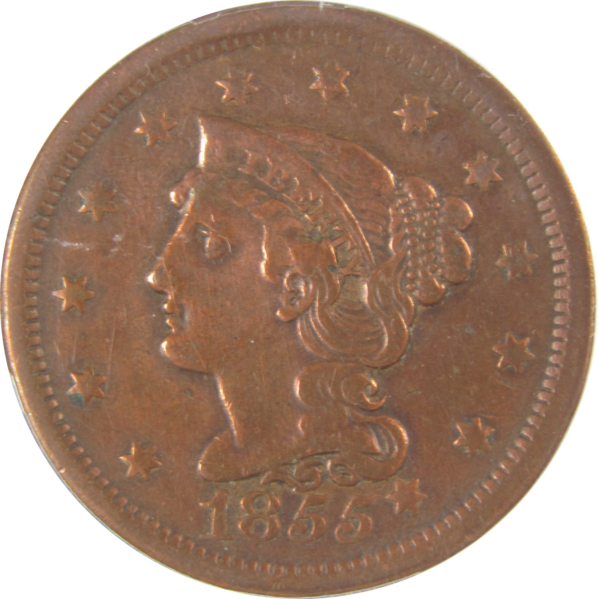 1855 Knob on Ear Braided Hair Large Cent VF30 Details ANACS SKU:I20099