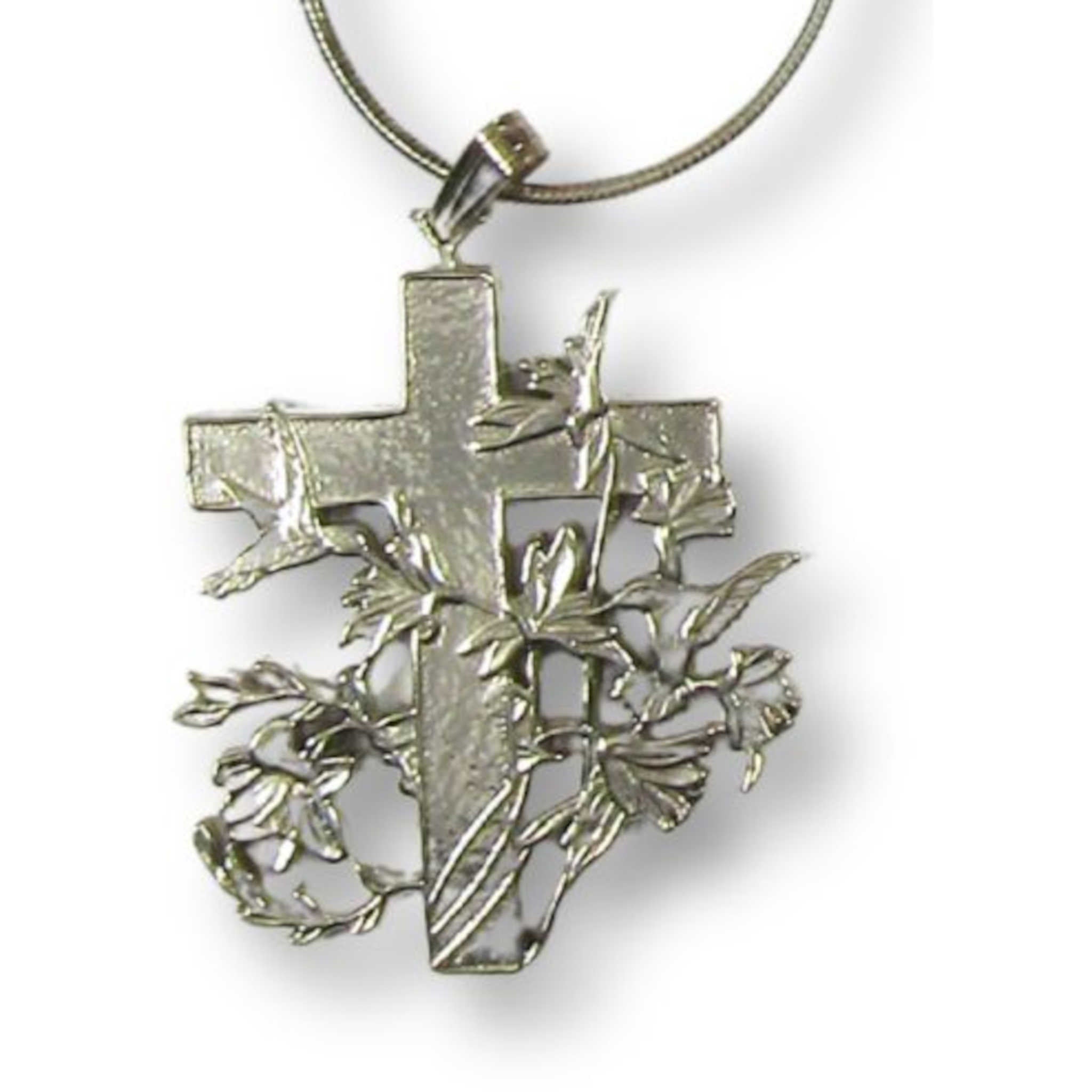 Hummingbird and Flowers Sterling Silver Cross Necklace with Chain