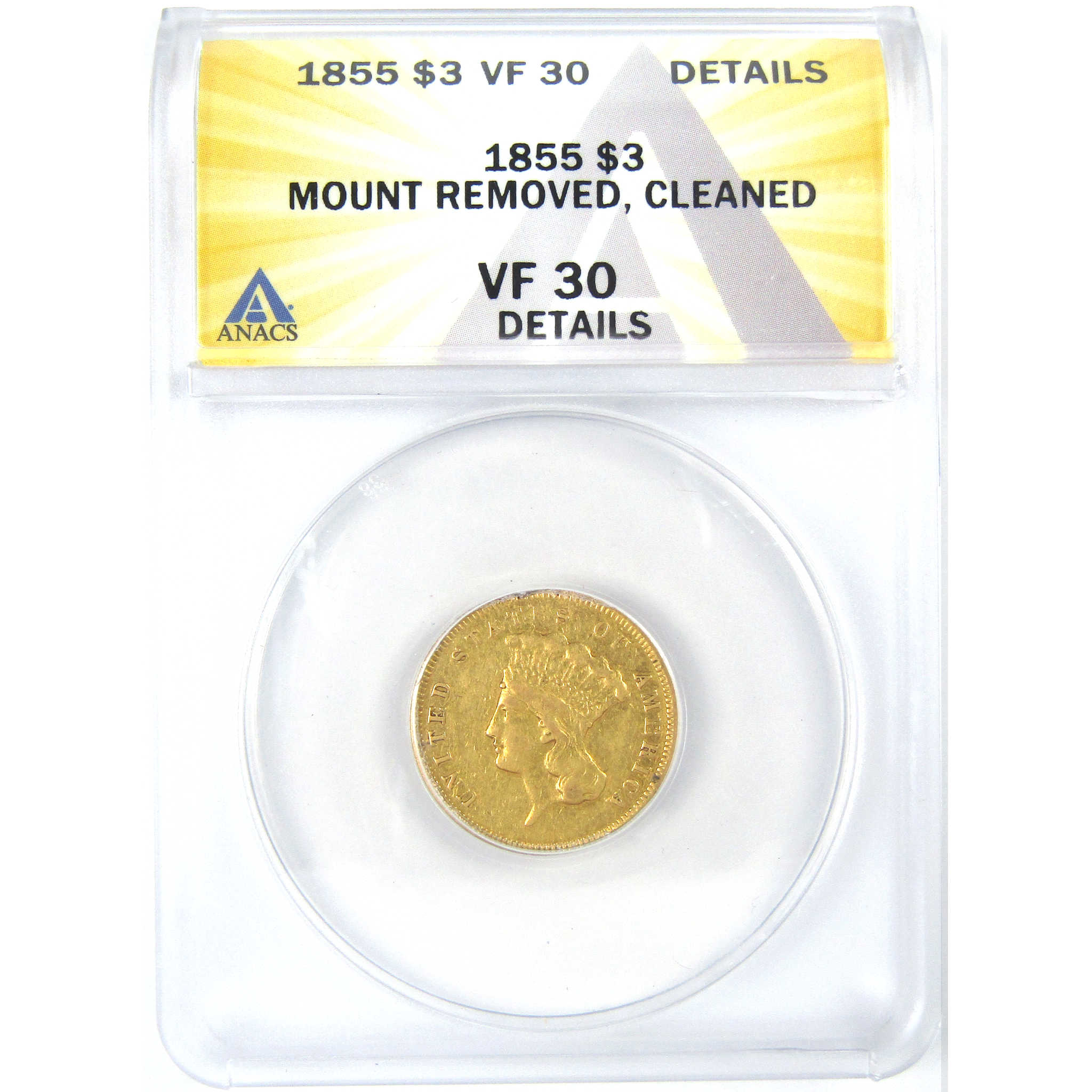 1855 Indian Princess Head VF 30 Details ANACS Gold $3 Coin SKU:I16257