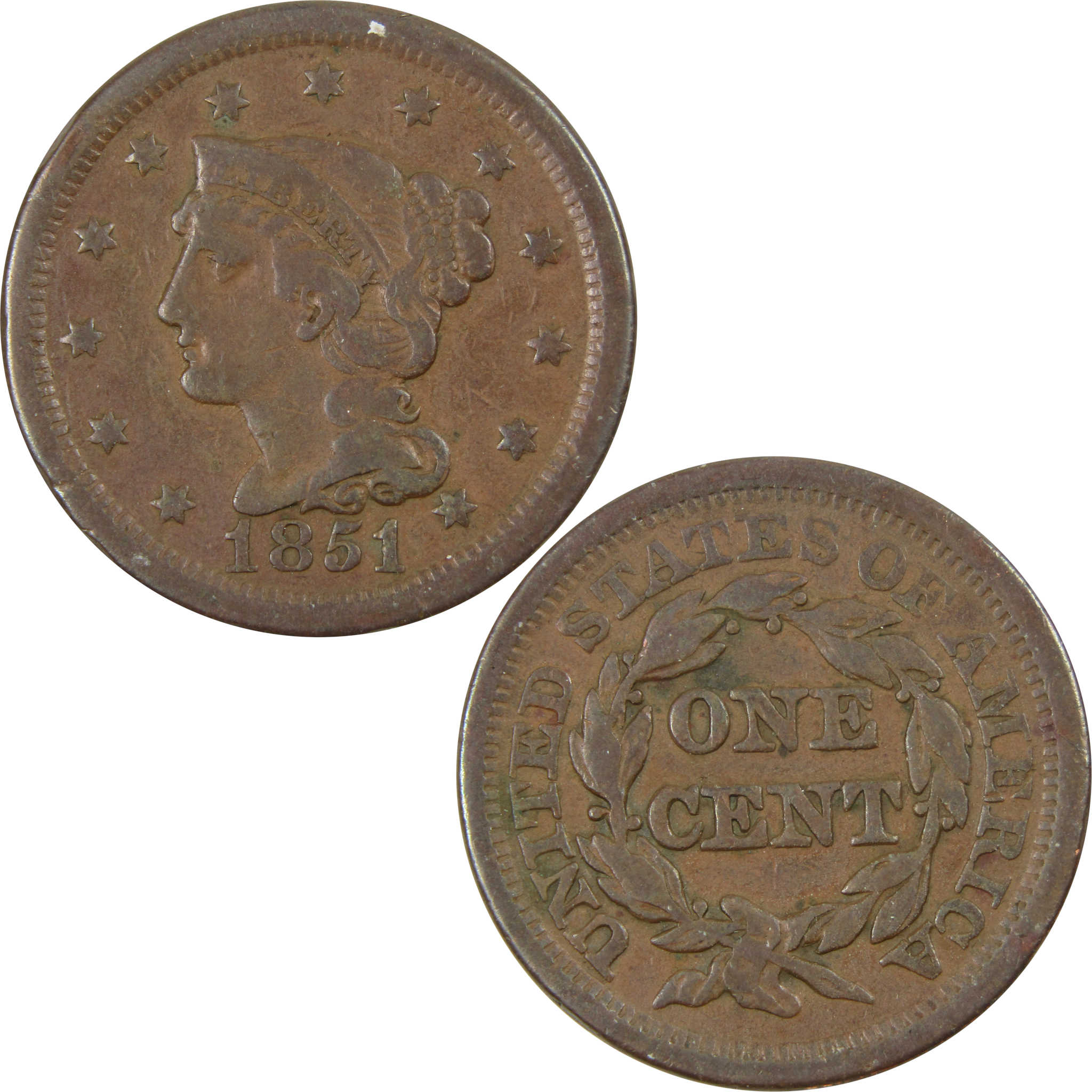 1851 Normal Date Braided Hair Large Cent F Fine Copper SKU:I7890