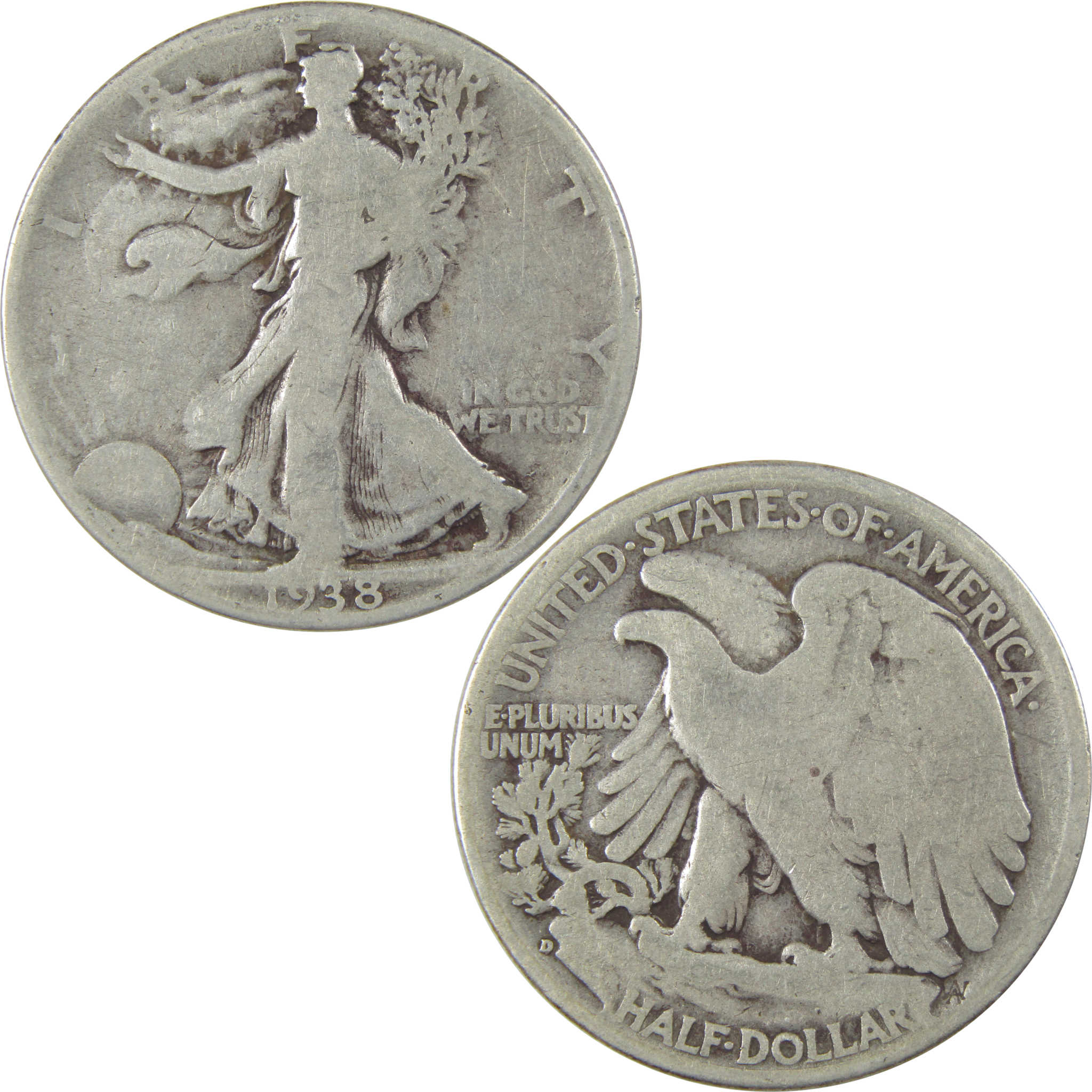 1938 D Liberty Walking Silver Half Dollar G Good 50c Coin SKU:I24112