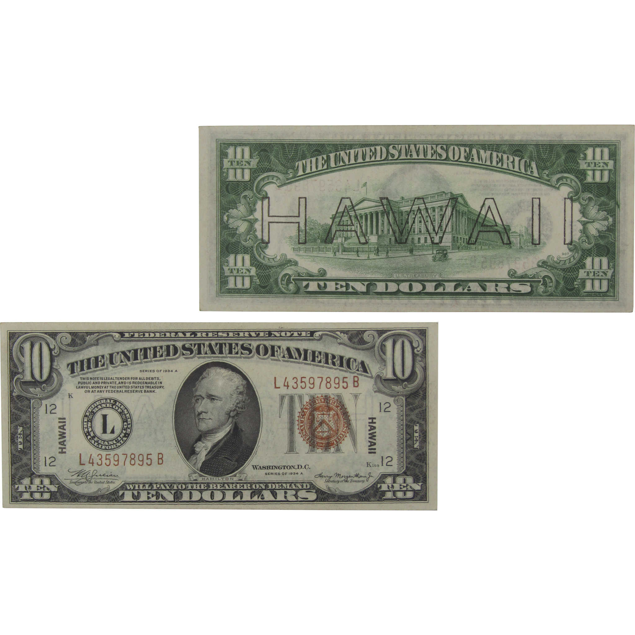 1934 A $10 Federal Reserve Note Hawaii WWII Fr 2303 AU About Unc
