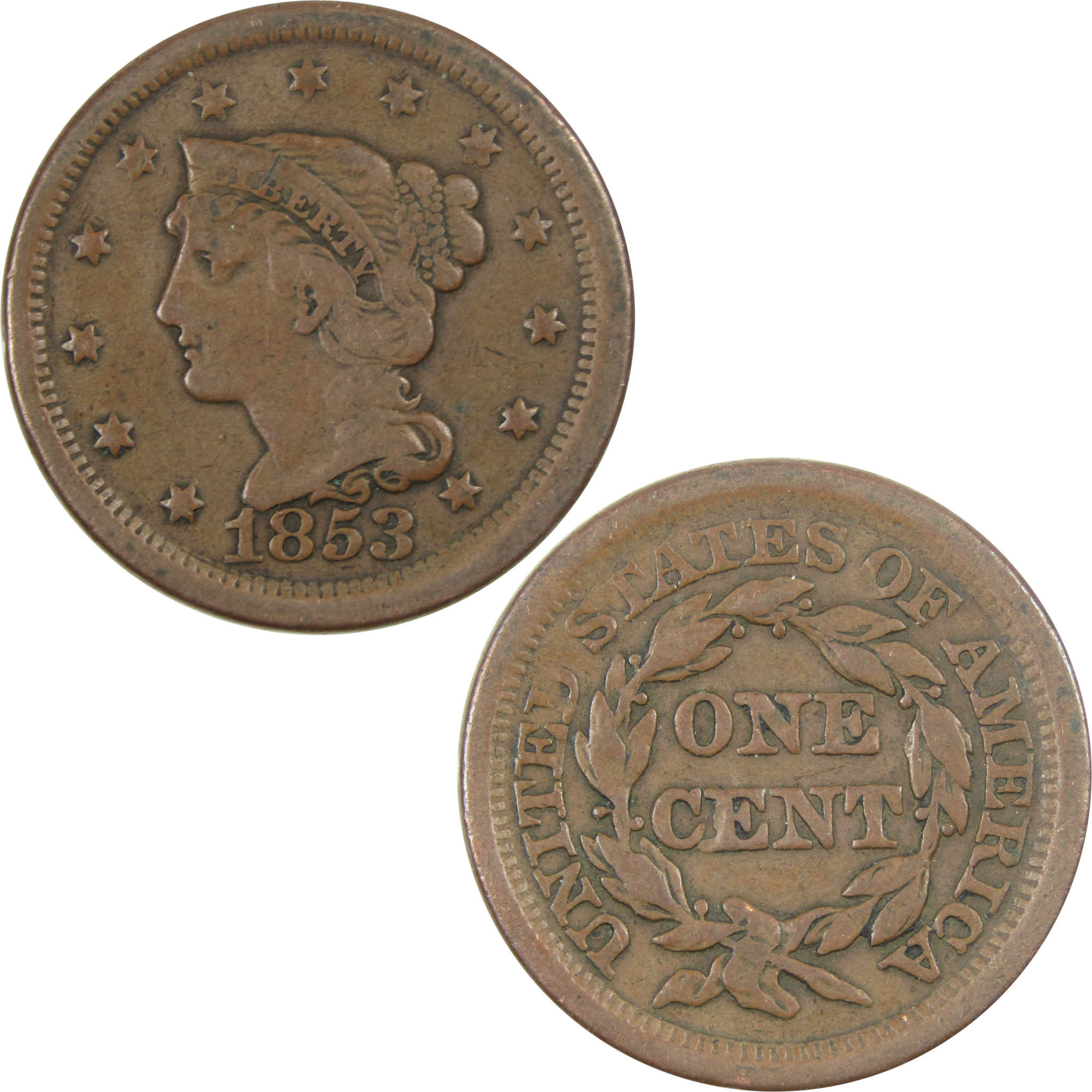 1853 Braided Hair Large Cent F Fine Copper Penny 1c Coin SKU:I14360