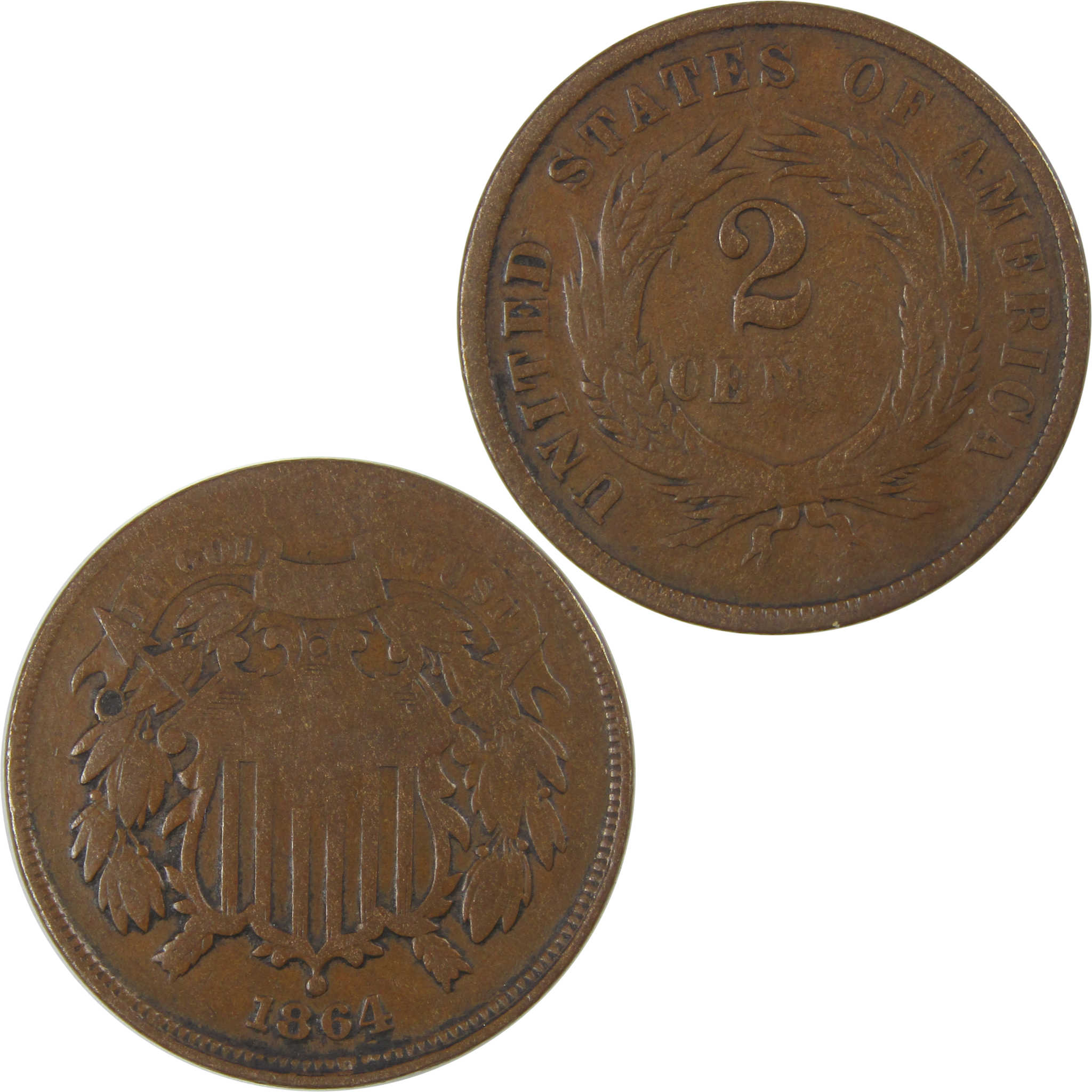 1864 Large Motto Two Cent Piece G Good 2c Coin SKU:CP12