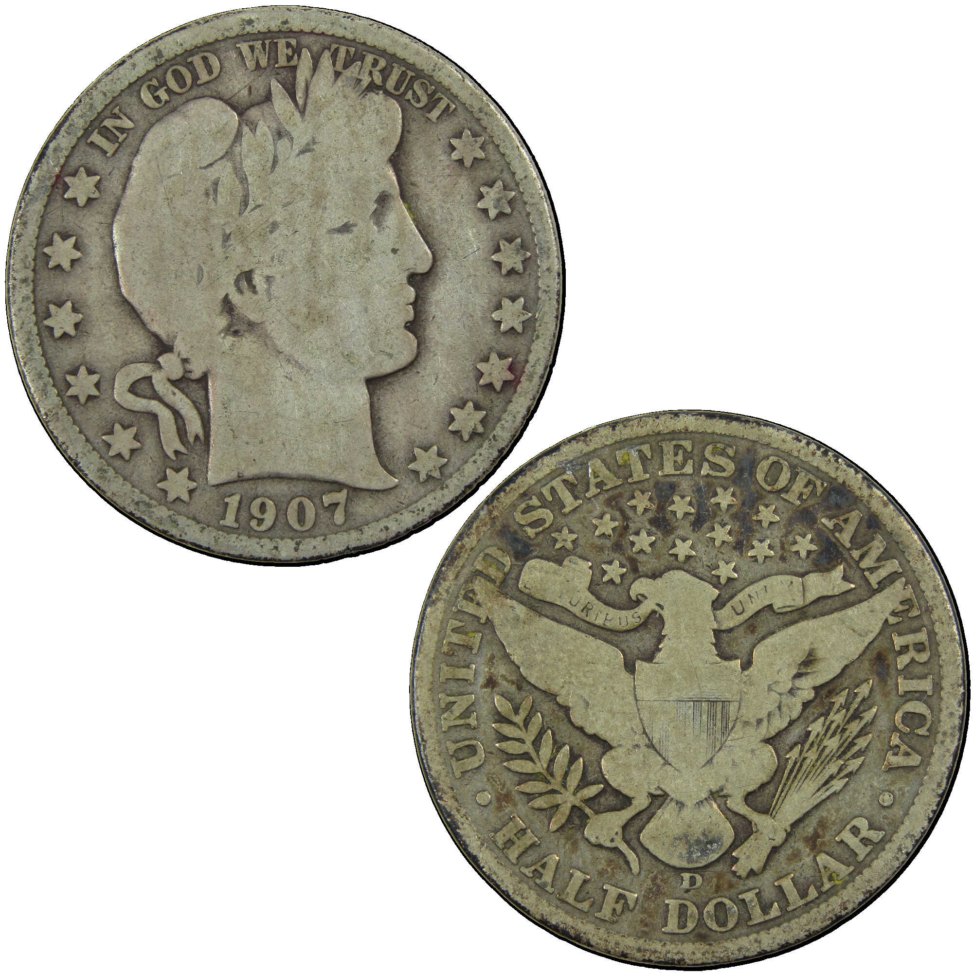 1907 D Barber Half Dollar G Good Silver 50c Coin SKU:I12744