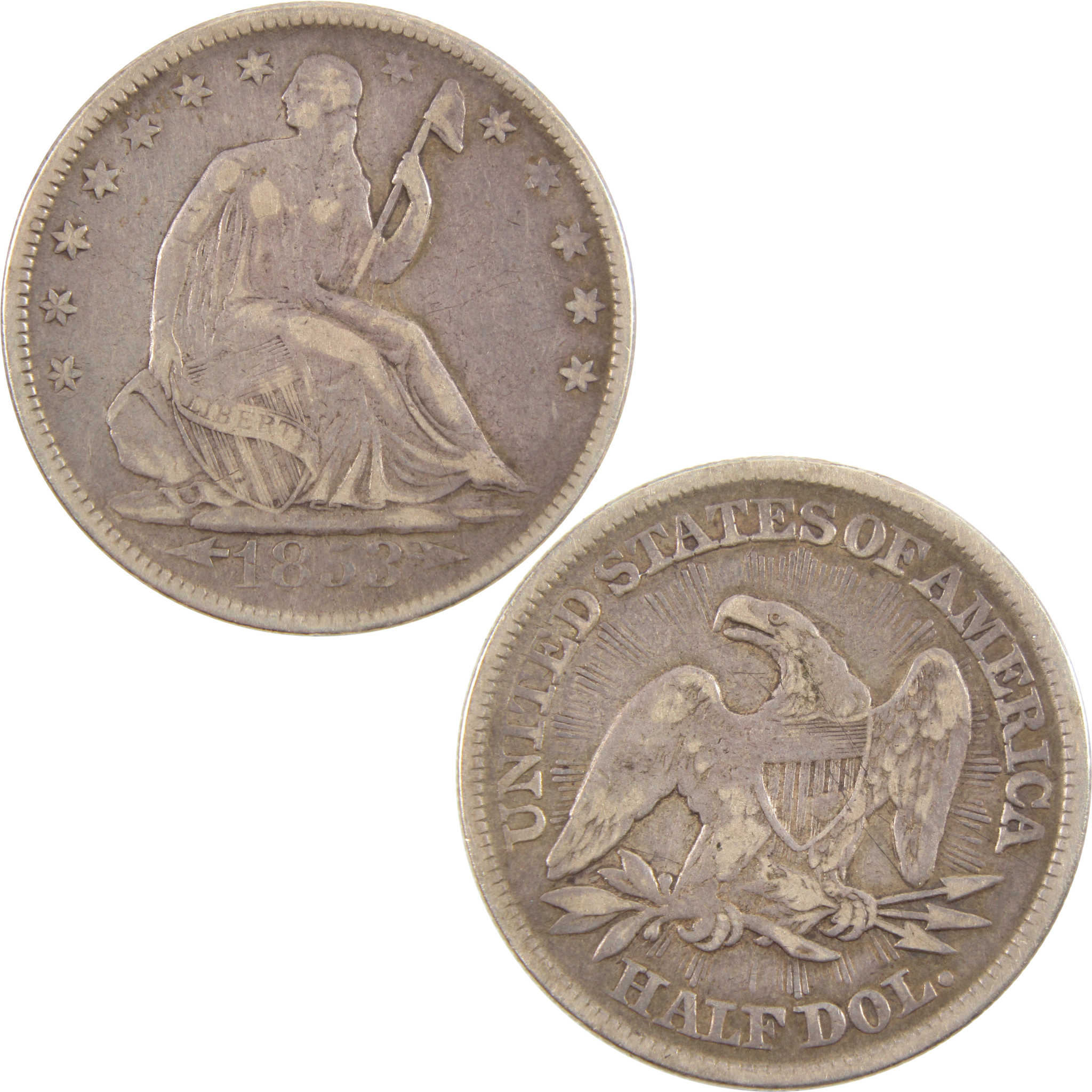 1853 Seated Liberty Half Dollar F Fine 90% Silver 50c Coin SKU:CPC4972