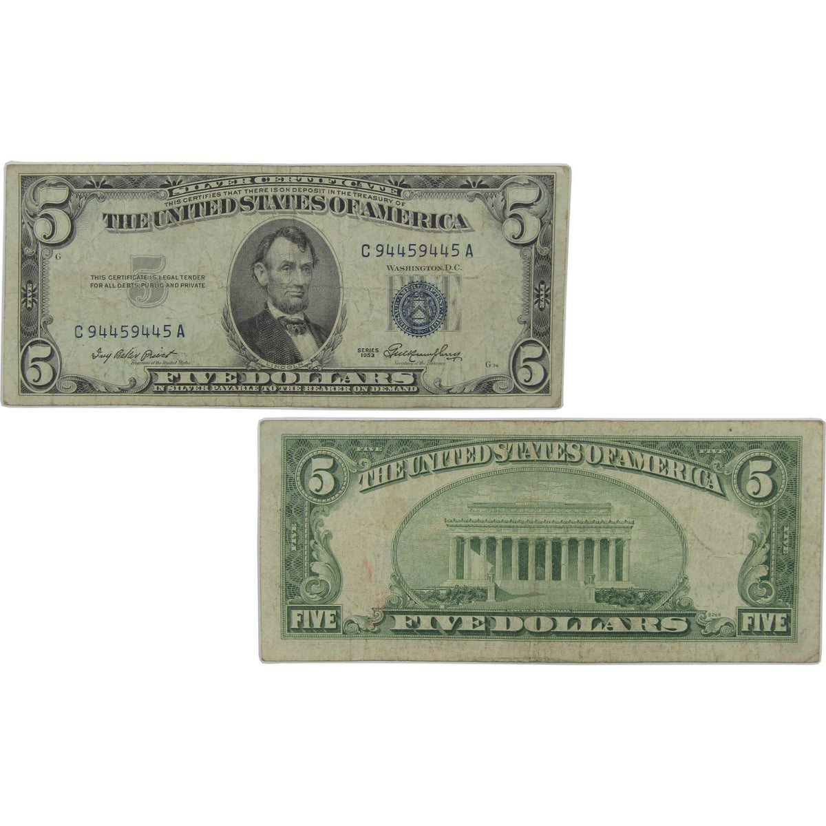1953 $5 Small Size Silver Certificate Repeater Note VG Very Good