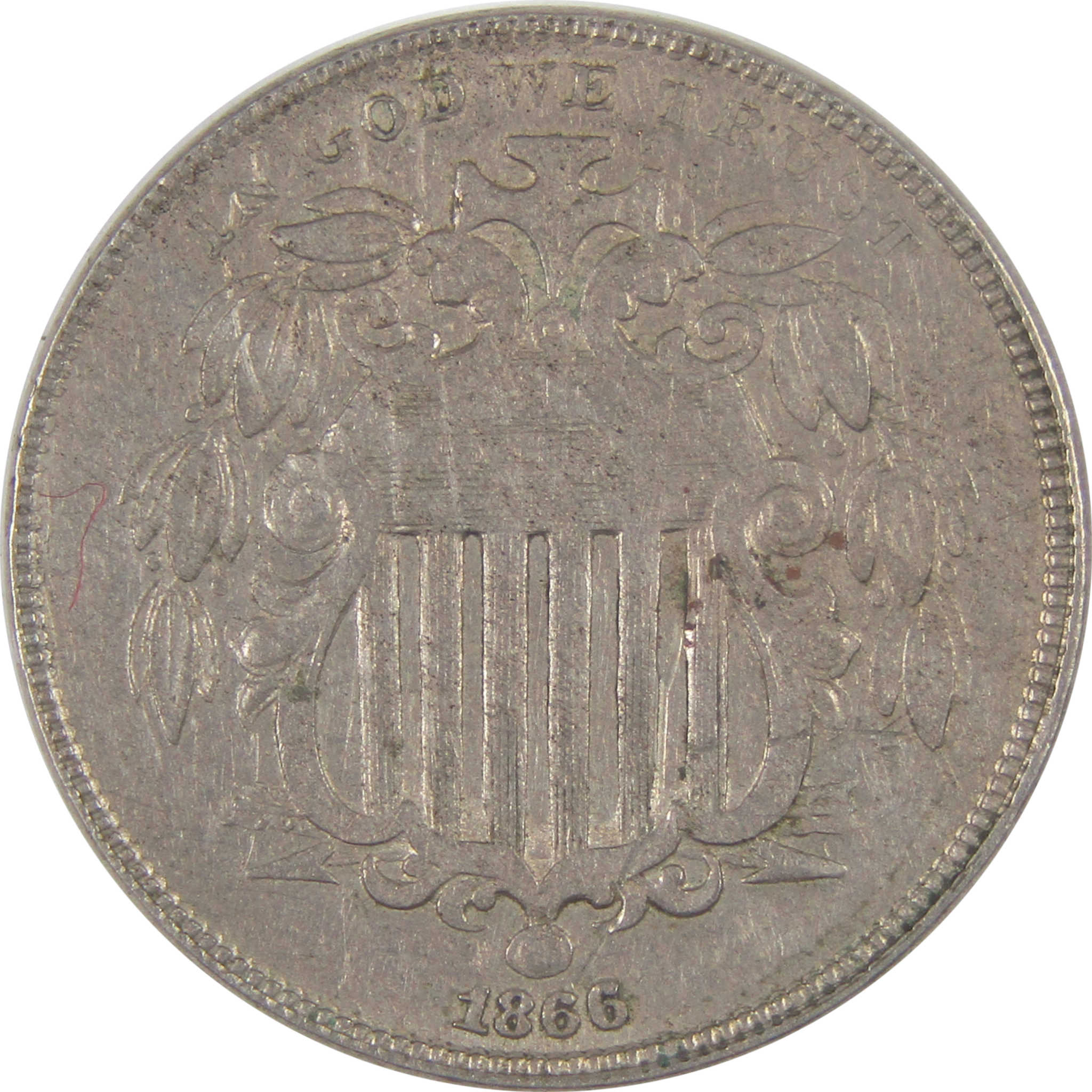 1866 Rays Shield Nickel F Fine 5c Coin SKU:I17272