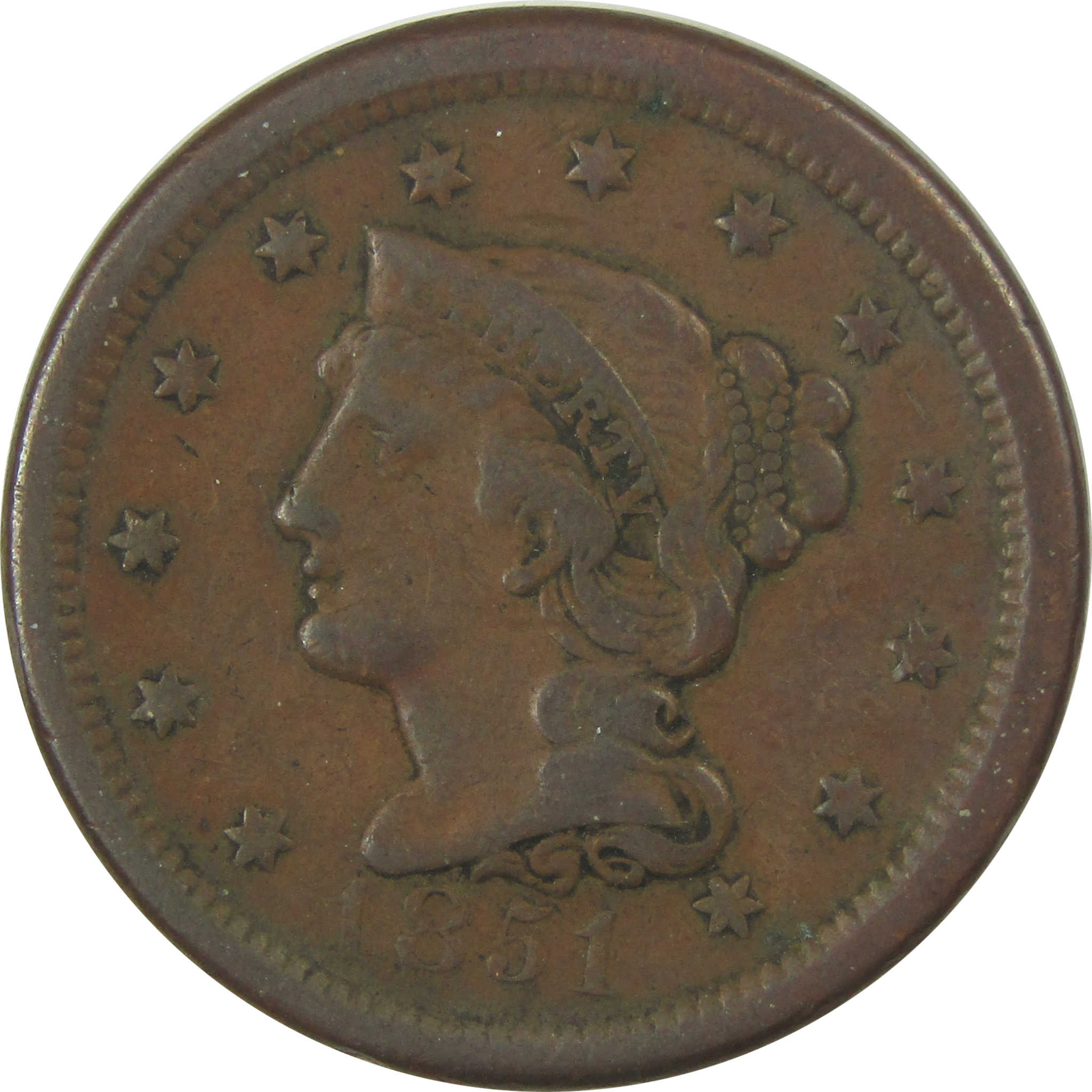 1851 Braided Hair Large Cent F Fine Copper Penny 1c Coin SKU:I22252