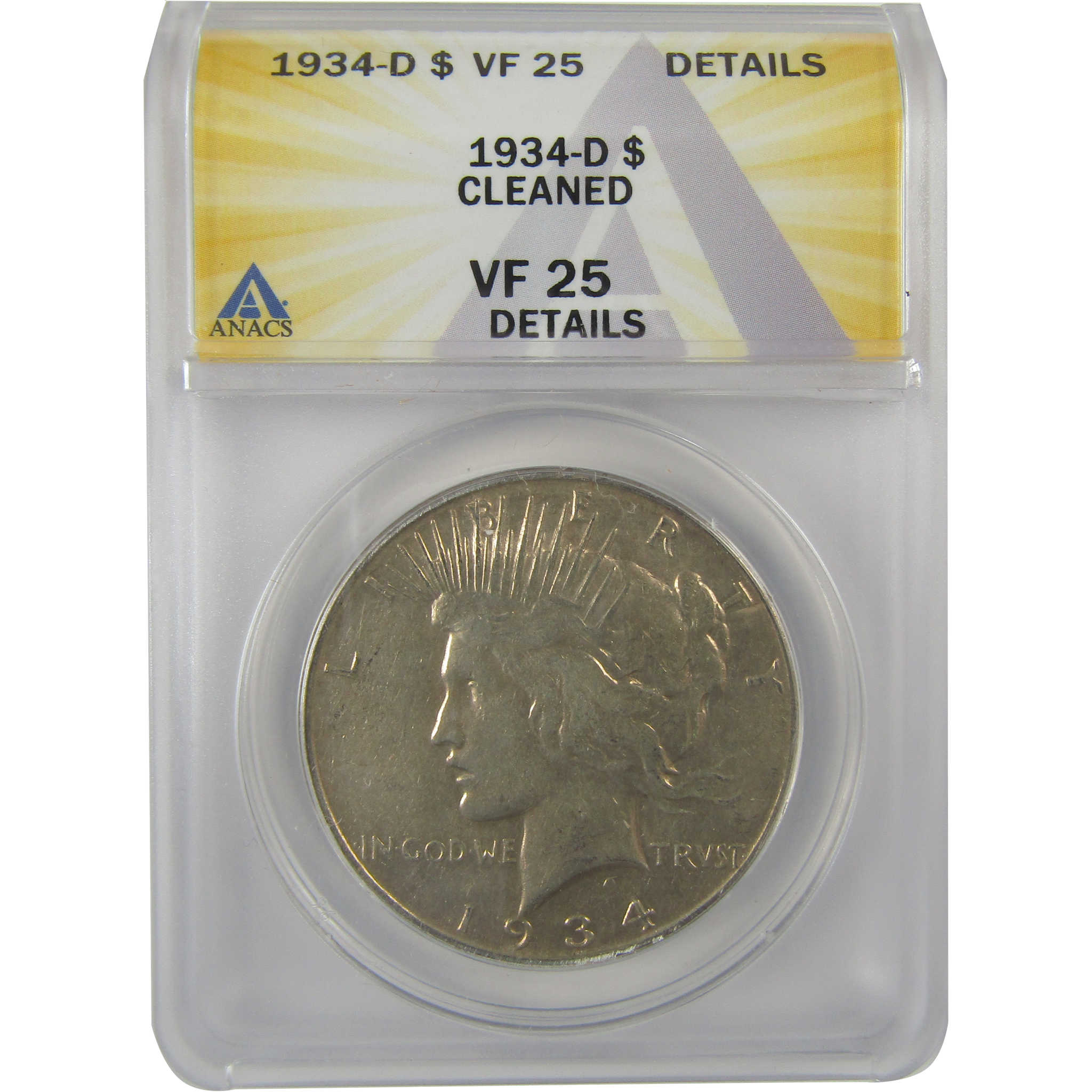 1934 D Peace Dollar VF 25 Details ANACS Silver $1 Coin SKU:I21558