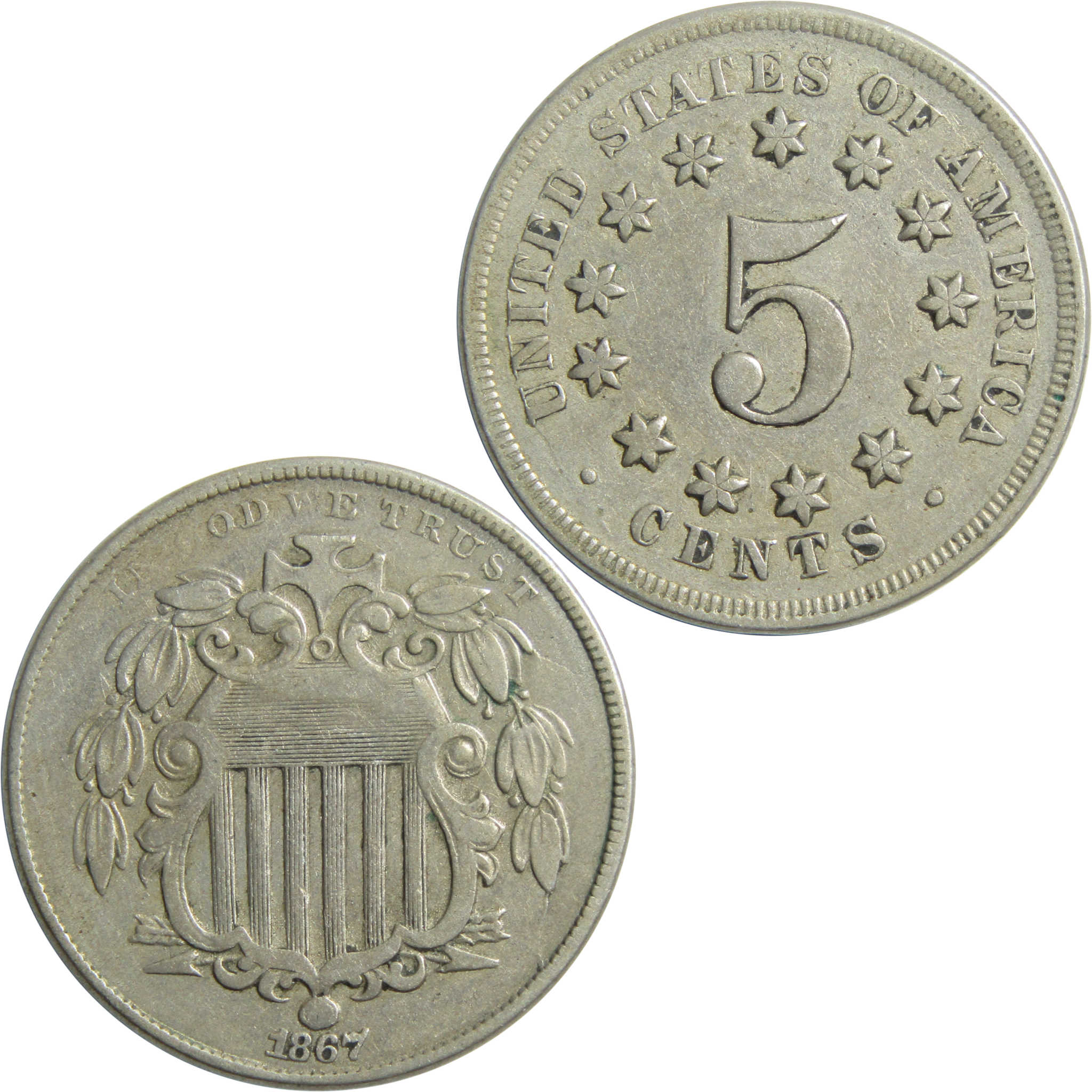 1867 No Rays Shield Nickel VF Very Fine 5c Coin SKU:I13231