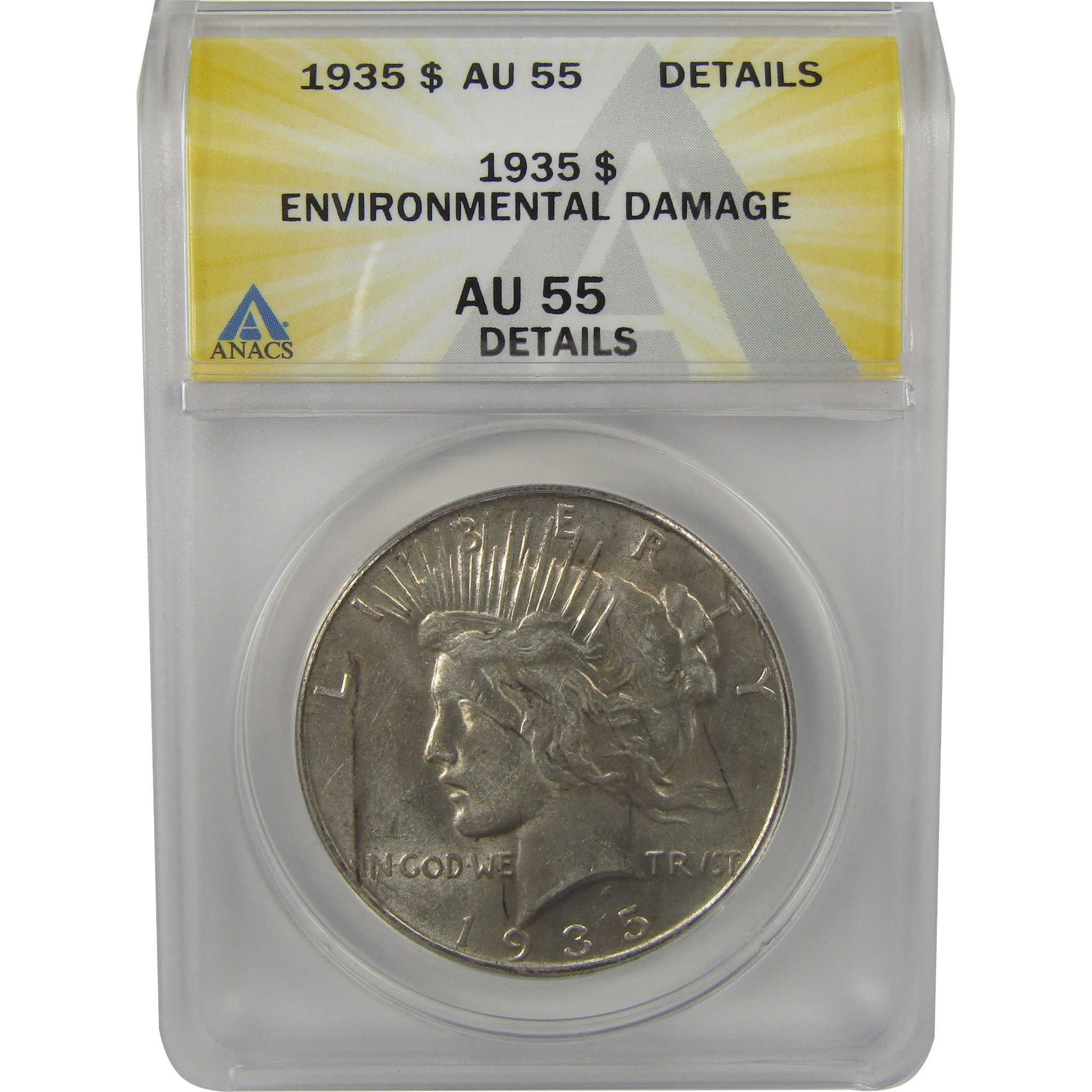 1935 Peace Dollar AU 55 Details ANACS Silver $1 Coin SKU:I22374